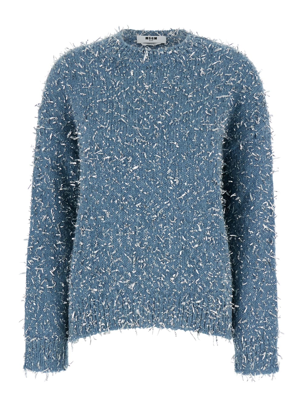 Shop Msgm Light Blue Crewneck Sweater With All-over Frayed Details In Cotton Blend Woman