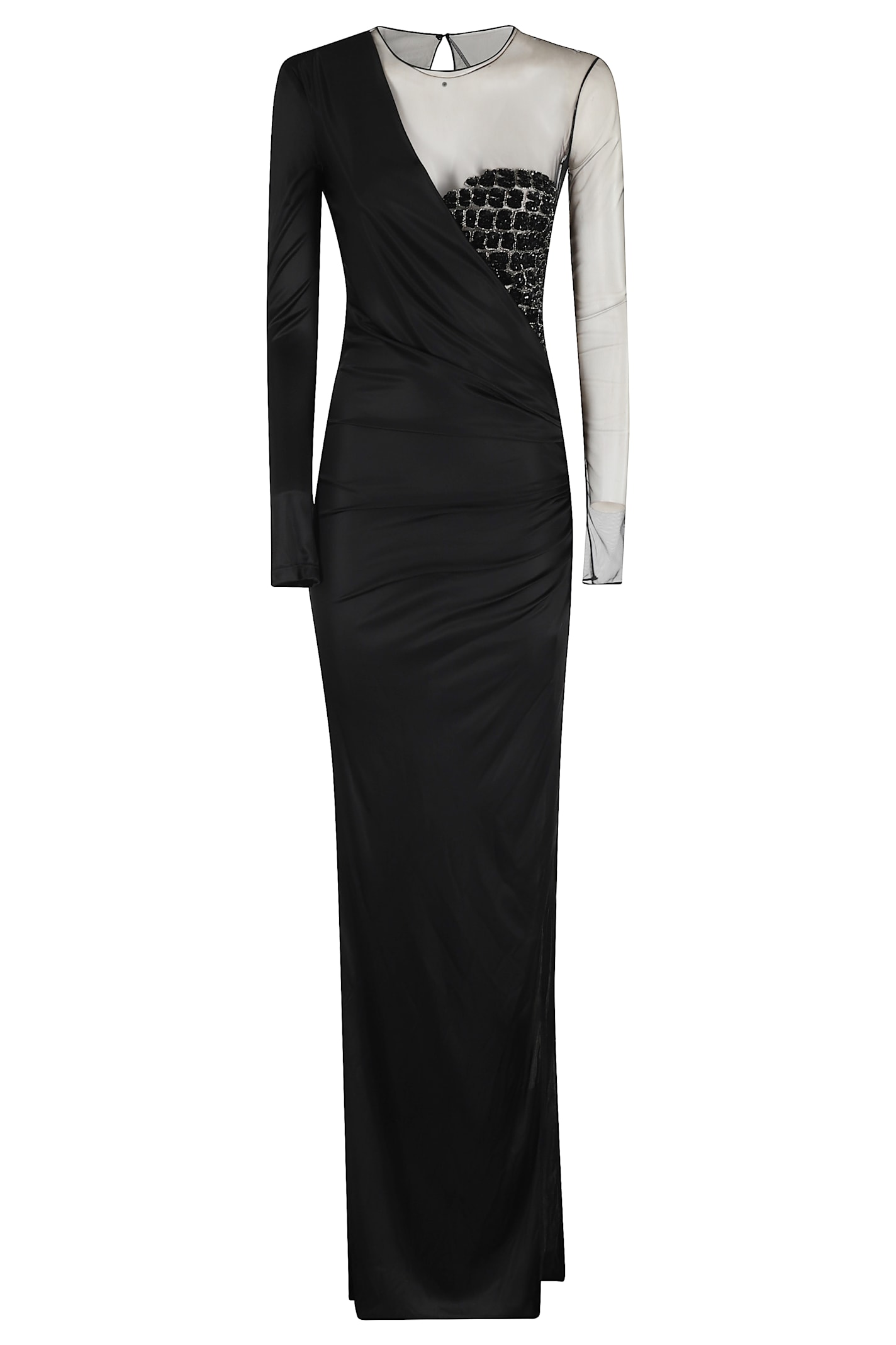 Elisabetta Franchi Red Carpet Tulle And Jersey Dress With Crocodile-effect Embroideries In Black