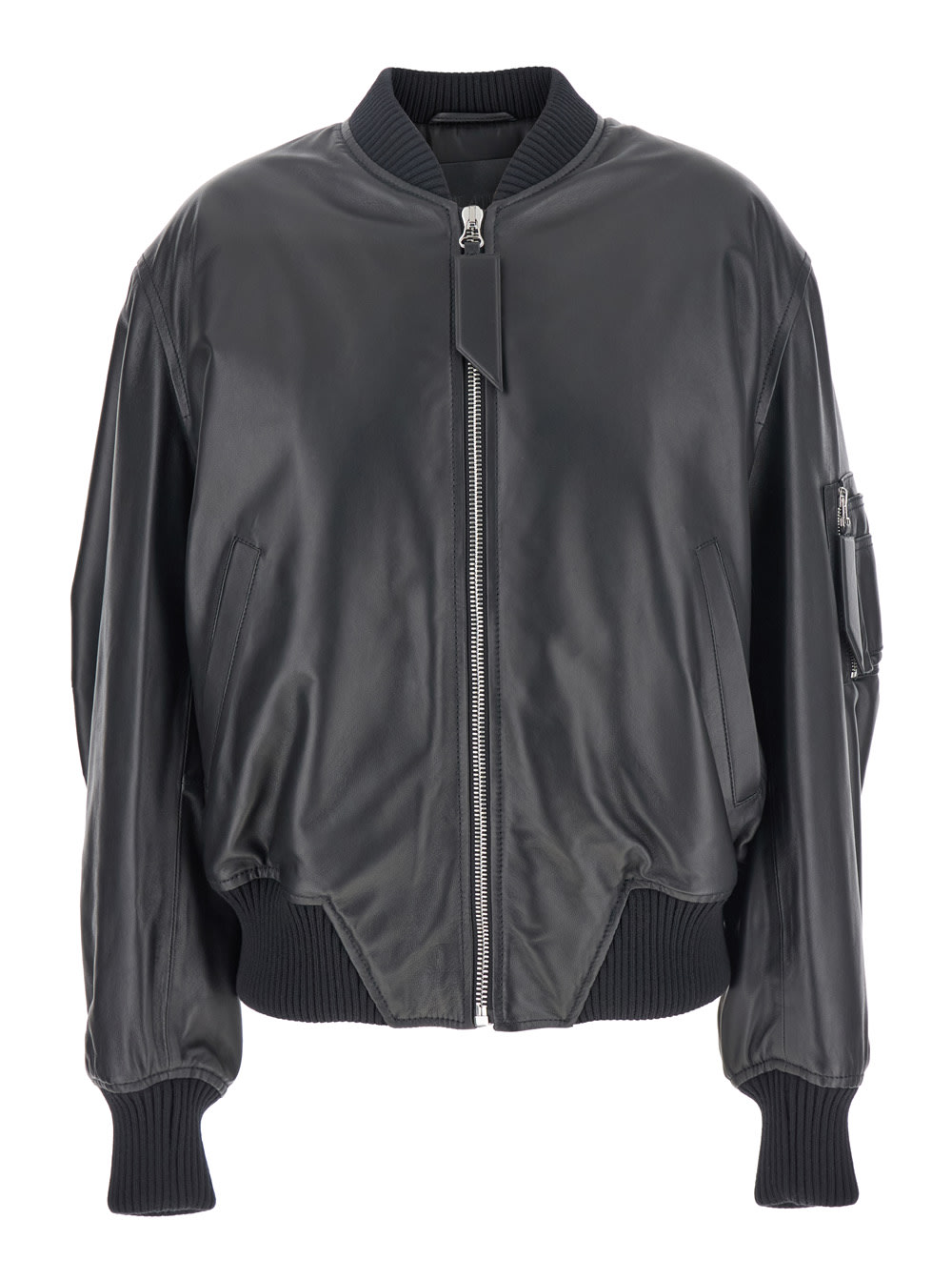 Black Bomber Jacket With Zip Closure In Leather Woman