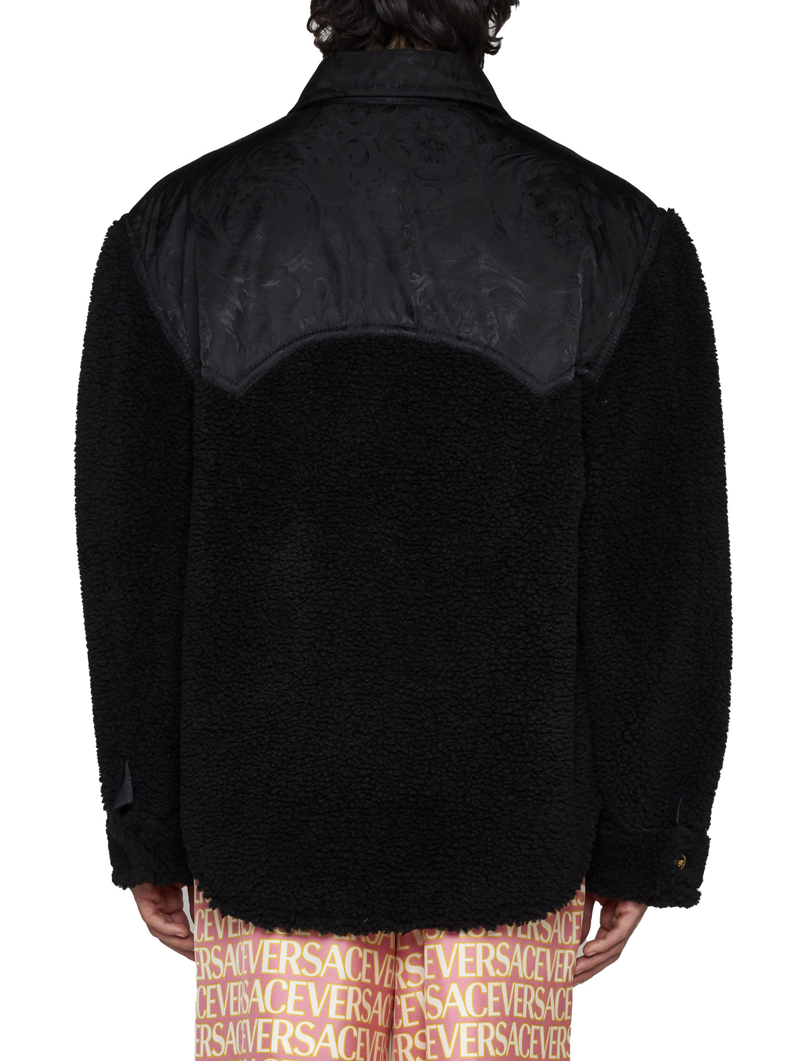 Versace Faux Shearling And Technical Jacquard Jacket In Black
