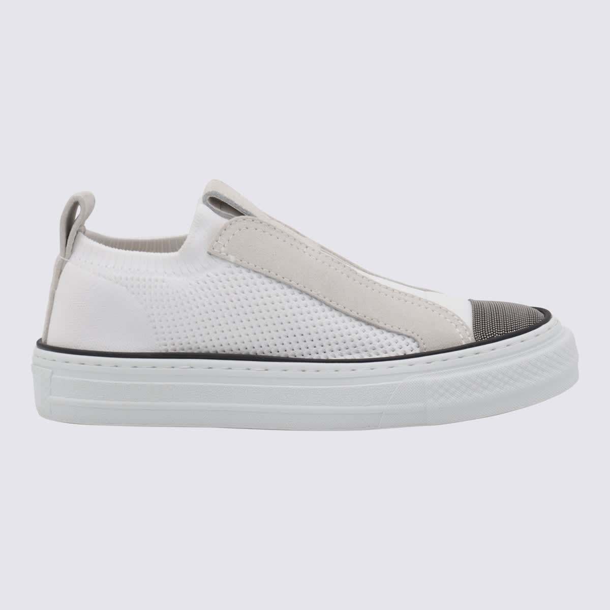 Brunello Cucinelli Slip-on White Sneakers With Silver Monile Detailing In White
