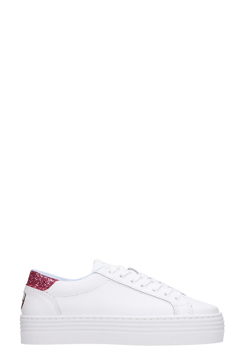 CHIARA FERRAGNI EYE SNEAKERS IN WHITE LEATHER,11231547