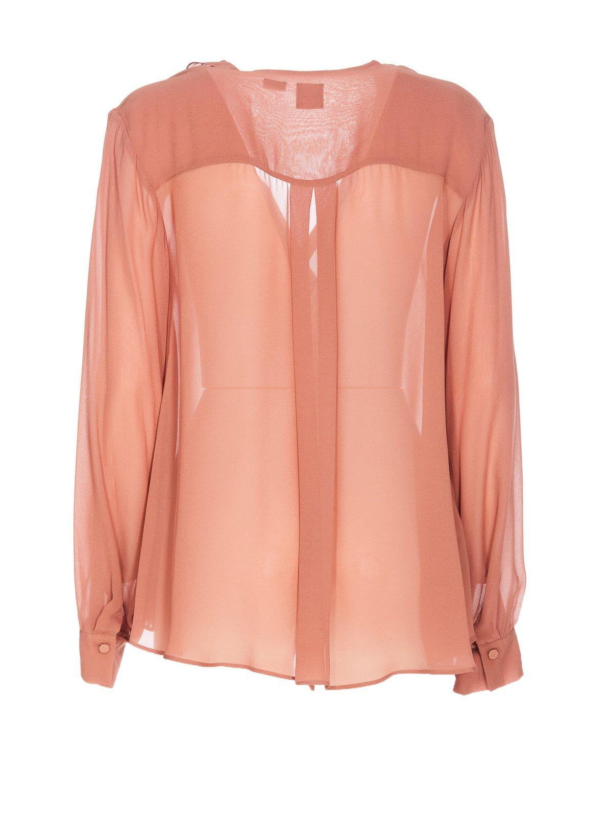 Shop Pinko Ruffled Long-sleeved V-neck Shirt In Brown