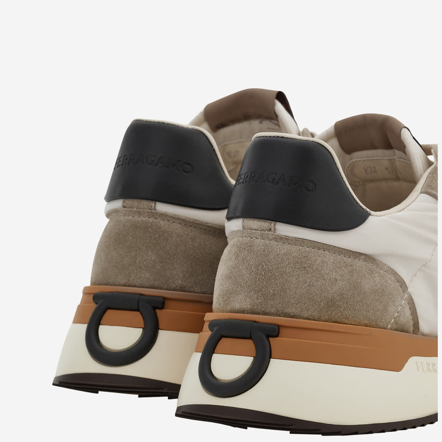 Ferragamo Leather And Fabric Sneakers With Side Logo In Neutral