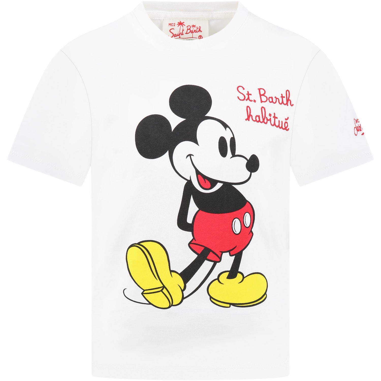 MC2 SAINT BARTH WHITE T-SHIRT FOR BOY WITH MICKEY MOUSE PRINT, ST. BARTH HABITUÉ WRITING AND LOGO