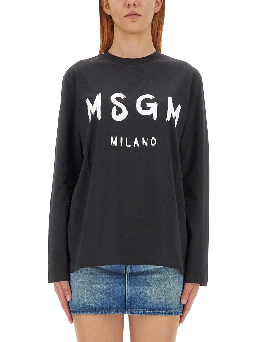 Shop Msgm T-shirt With Brushed Logo In Black