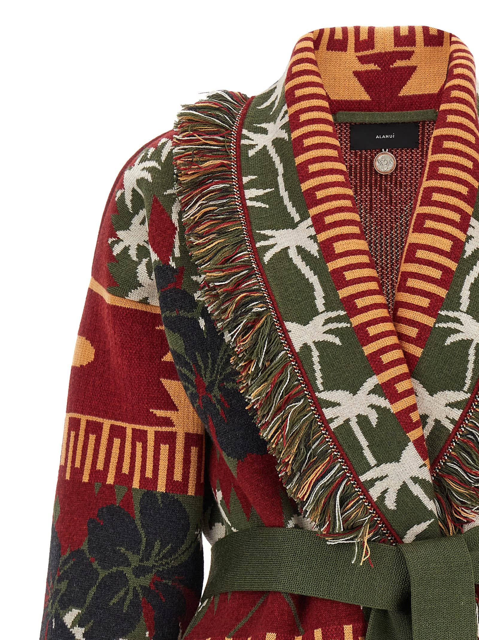 Alanui 'hibiscus Bloom' Long Belted Cardigan With Fringed Trim In Green