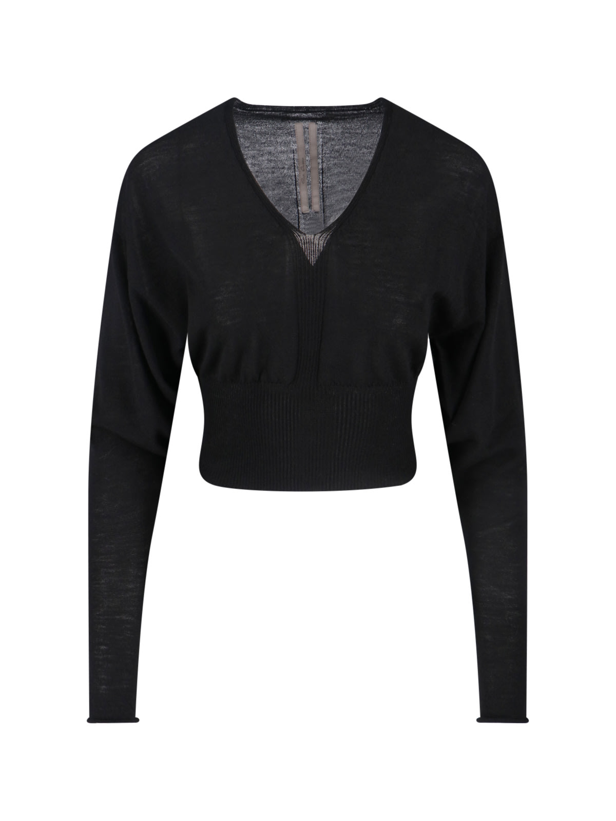 Rick Owens Cropped Long Sleeve Sheer Top V-neck In Black