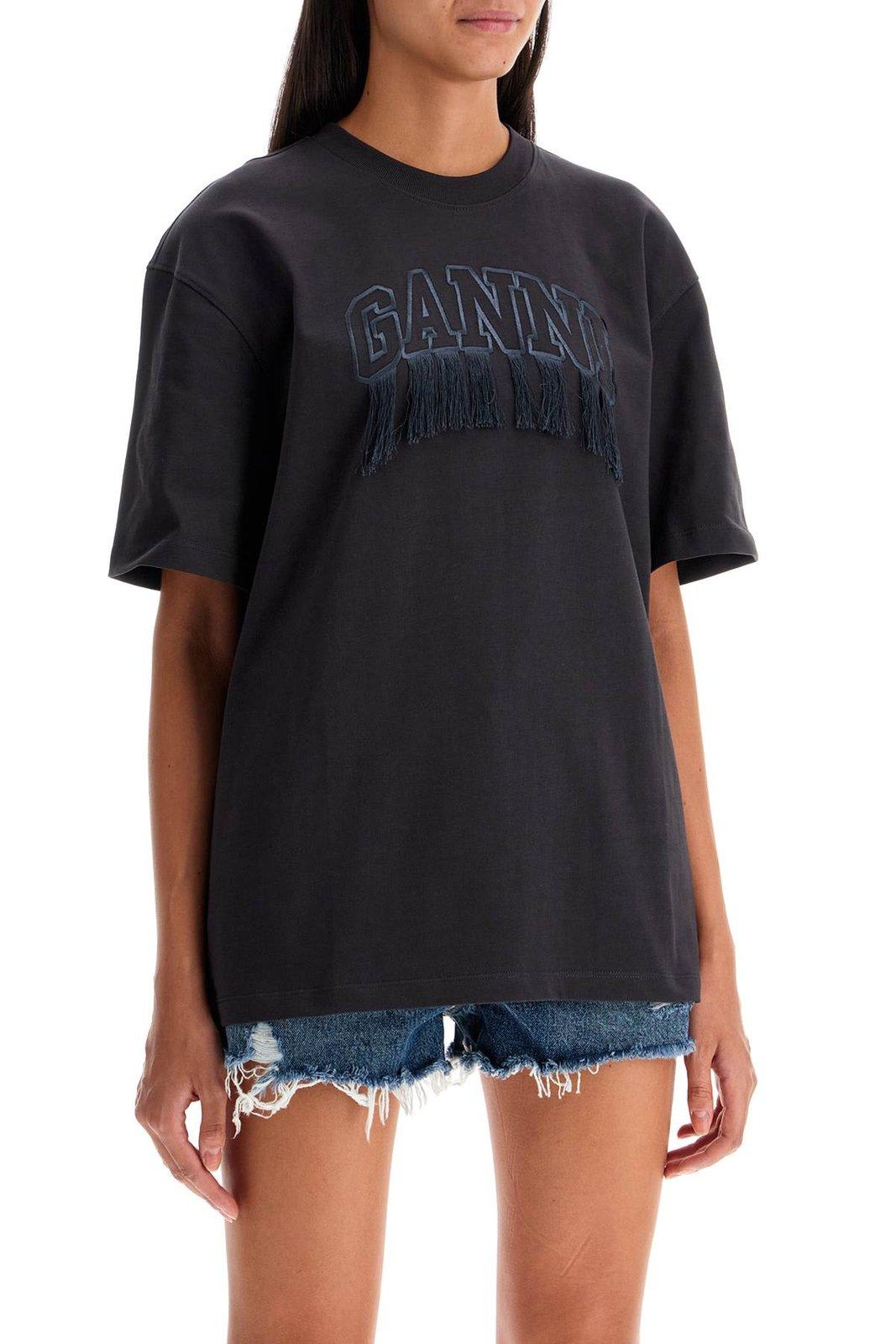 Shop Ganni Logo Embroidered Crewneck T-shirt In Black