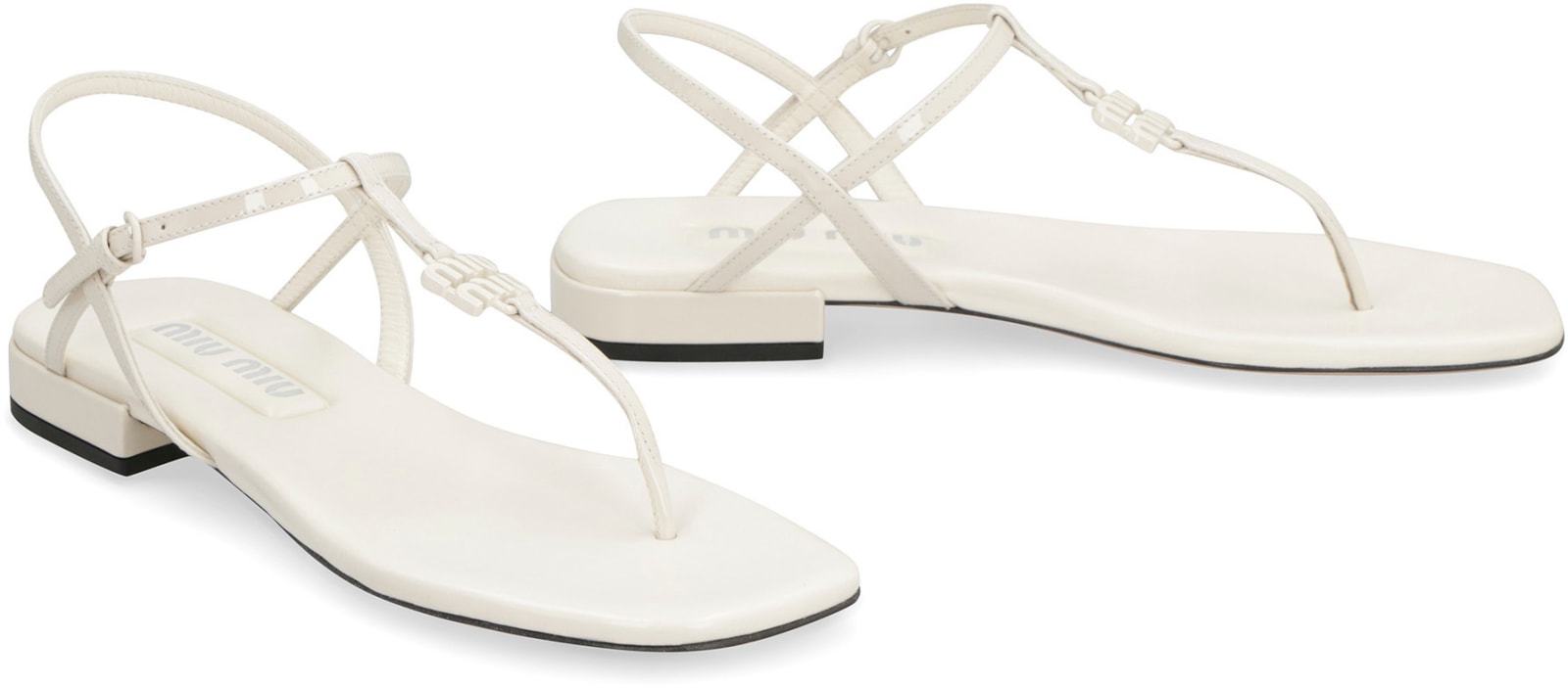 Shop Miu Miu Leather Flat Sandals In White
