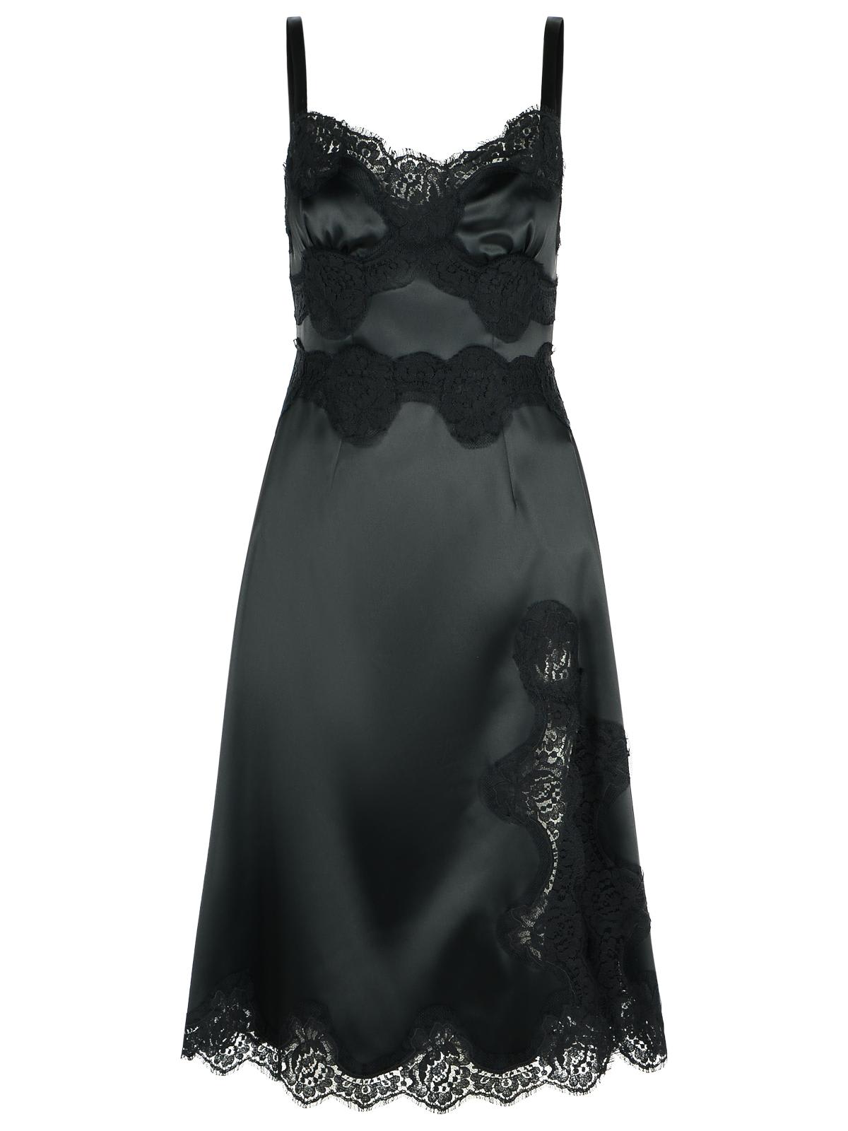 Dolce & Gabbana Lace Trim Satin Dress With Spaghetti Straps In Black