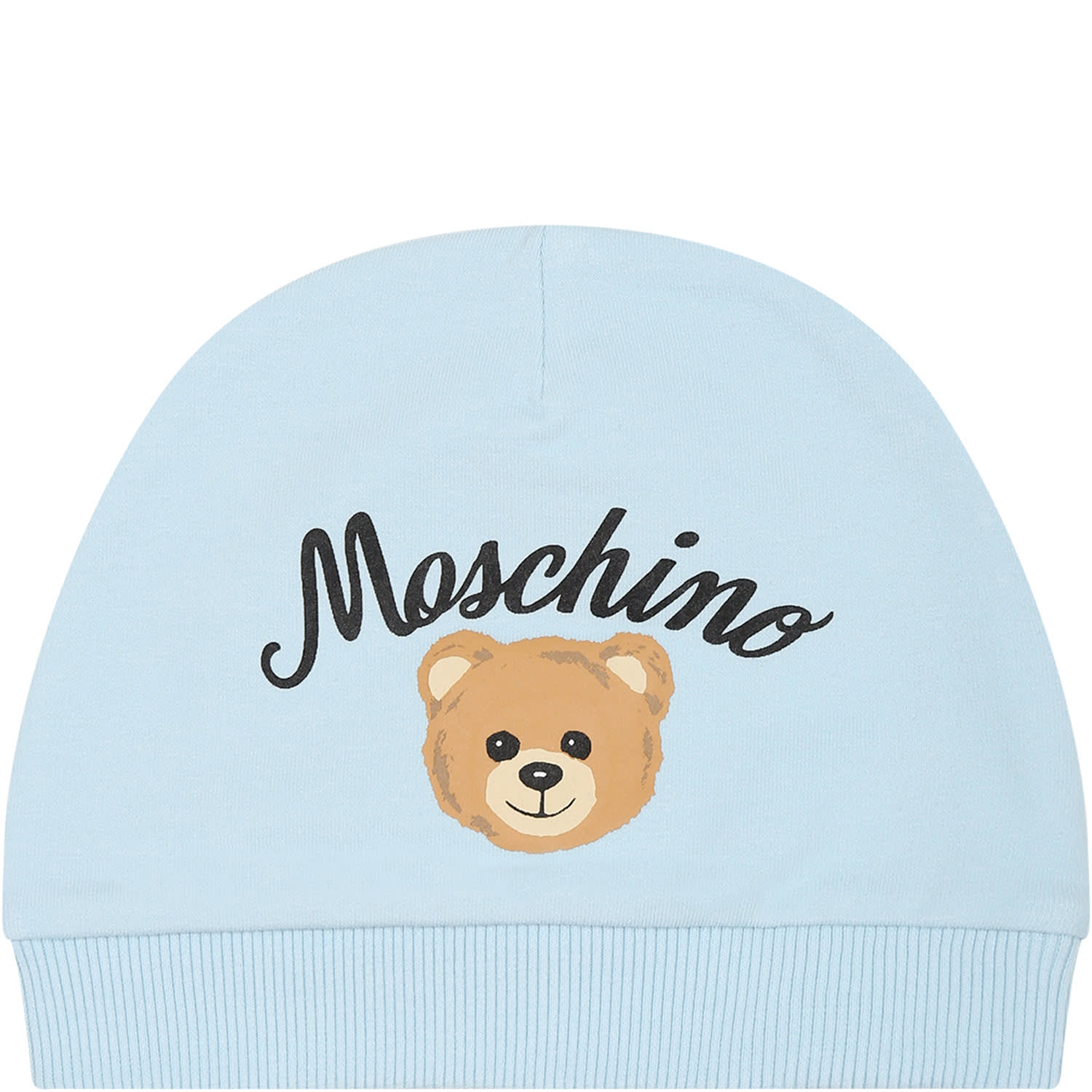 Moschino Light Blue Hat For Baby Boy With Teddy Bear And Logo
