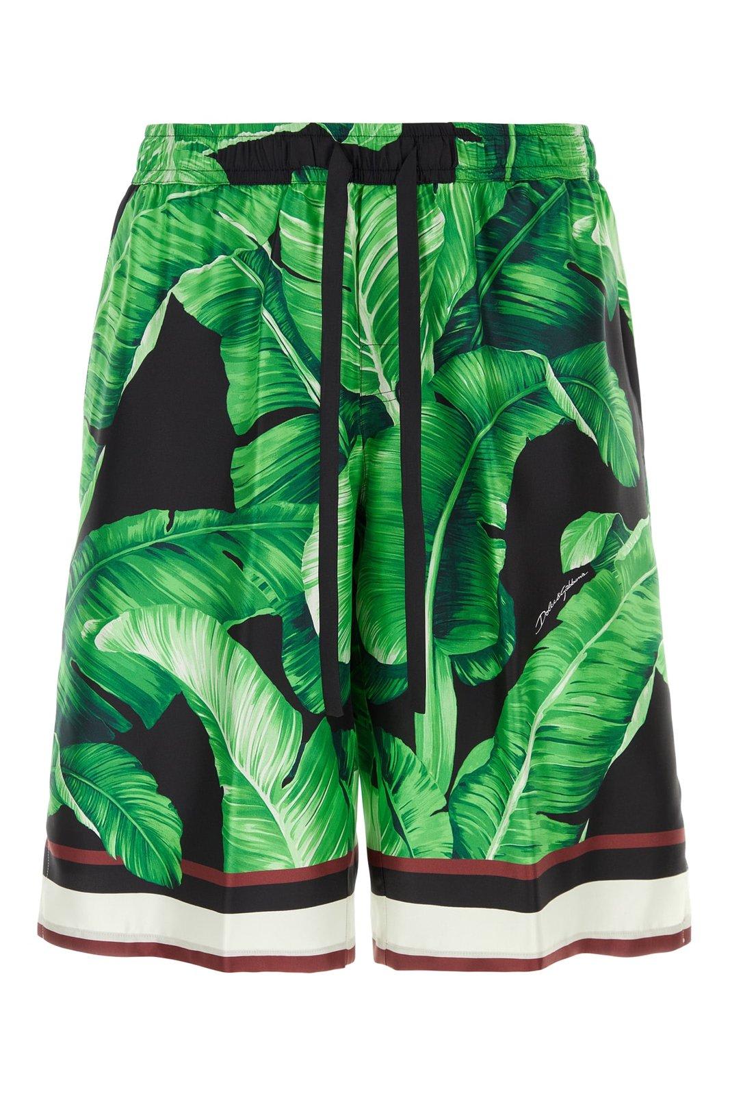 Shop Dolce & Gabbana Leaves-printed Drawstring Shorts In Green/black