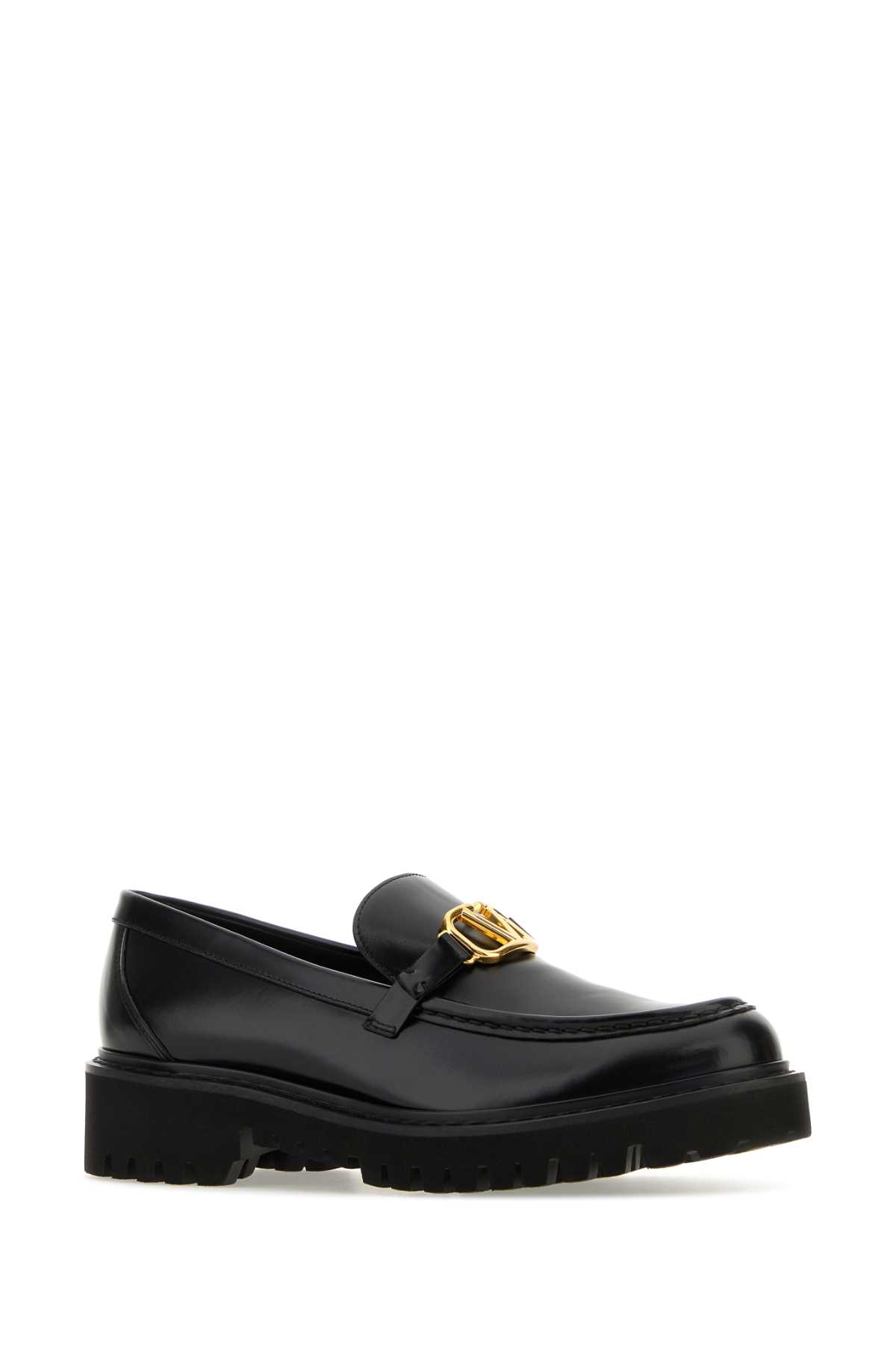 Shop Valentino Black Leather Vlogo Loafers In Nero