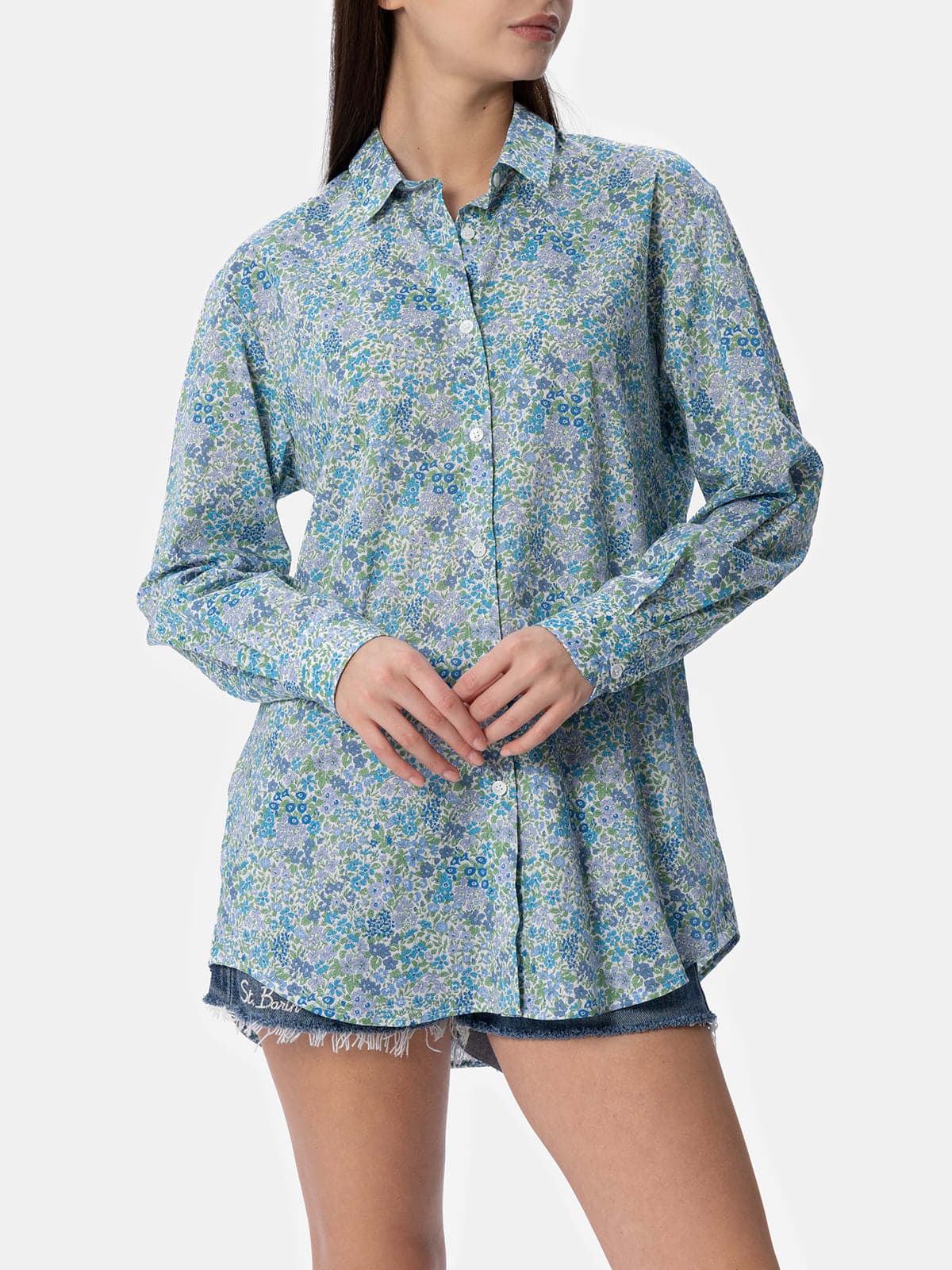 Shop Mc2 Saint Barth Woman Cotton Shirt Brigitte With Joanna Luise Print Made With Liberty Fabric In Sky