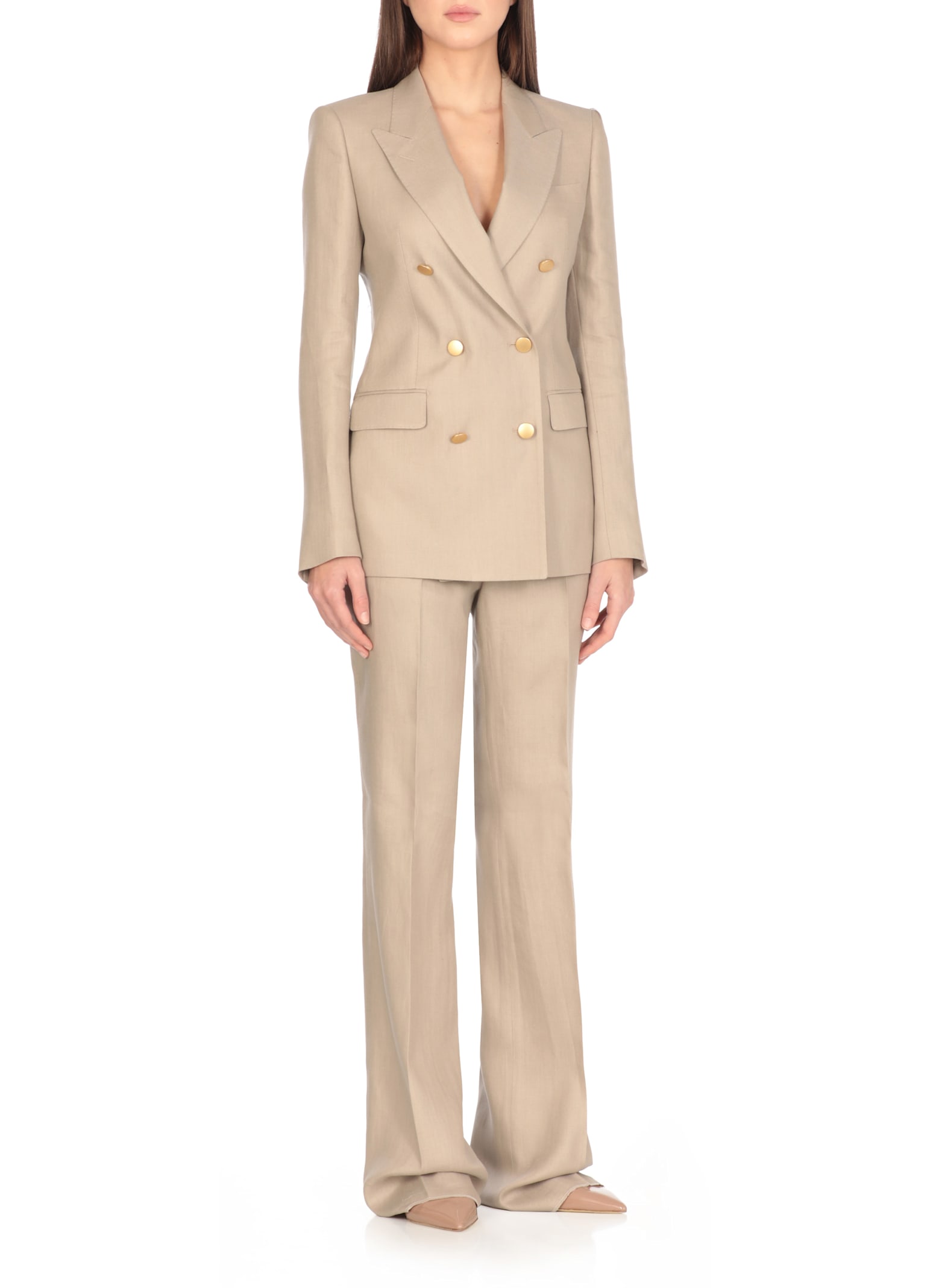 Tagliatore Beige Double-breasted Suit With Golden Buttons In Linen Woman In Beige