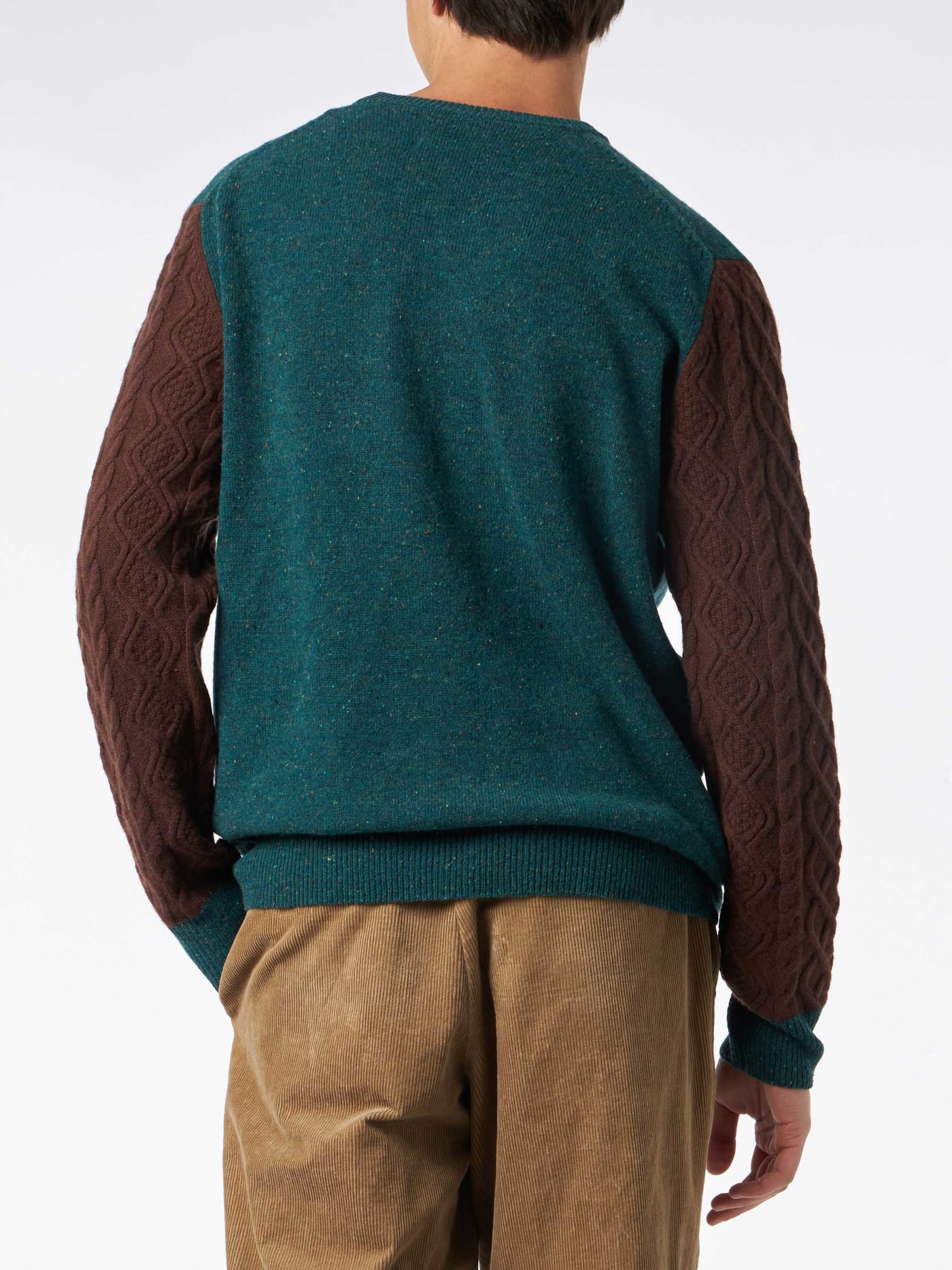 Mc2 Saint Barth Man Crewneck Donegal Sweater With Polo Jacquard Print In Green