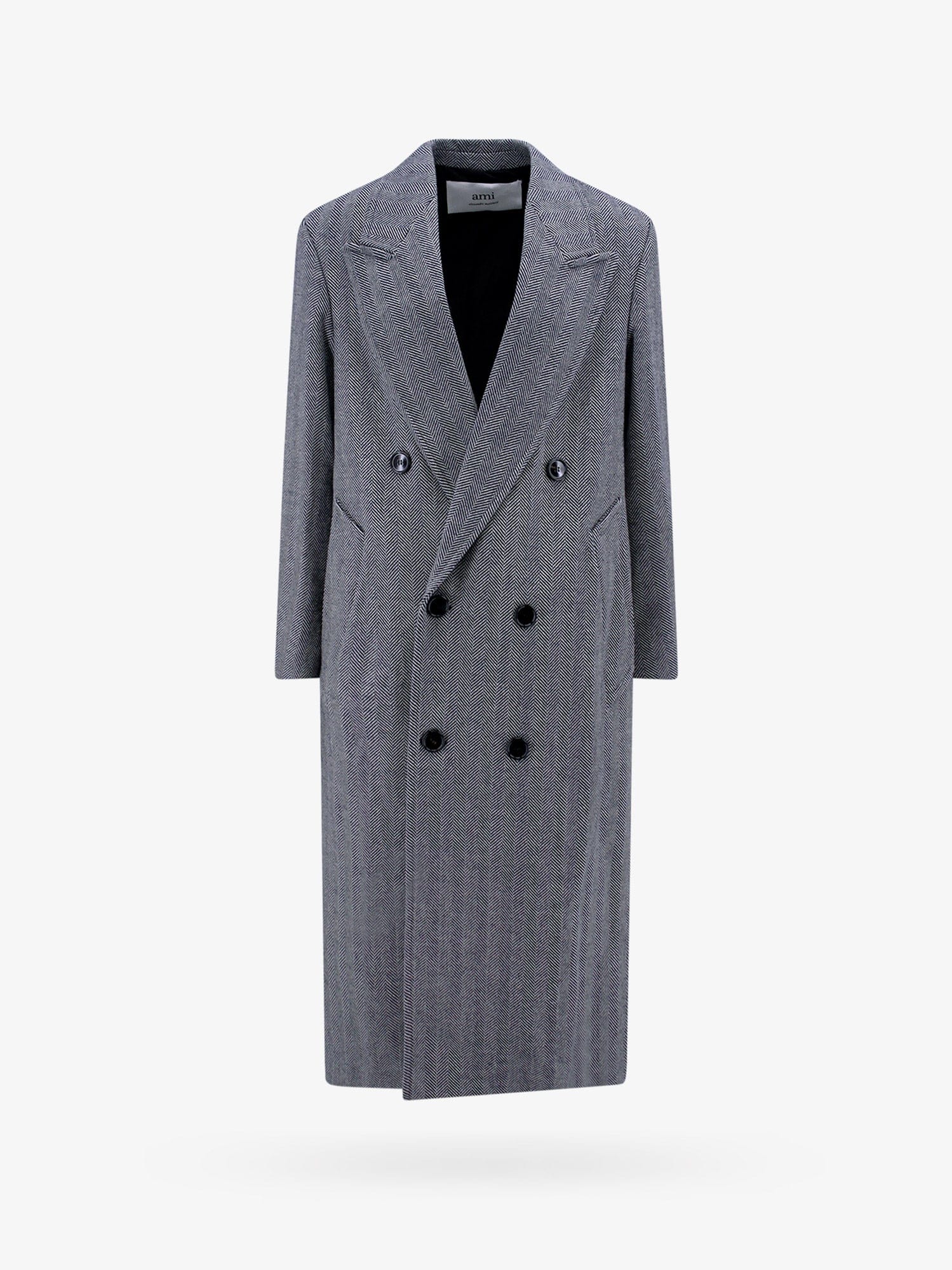 Ami Alexandre Mattiussi Ami Virgin Wool Coat With Herringbone Motif In Blue