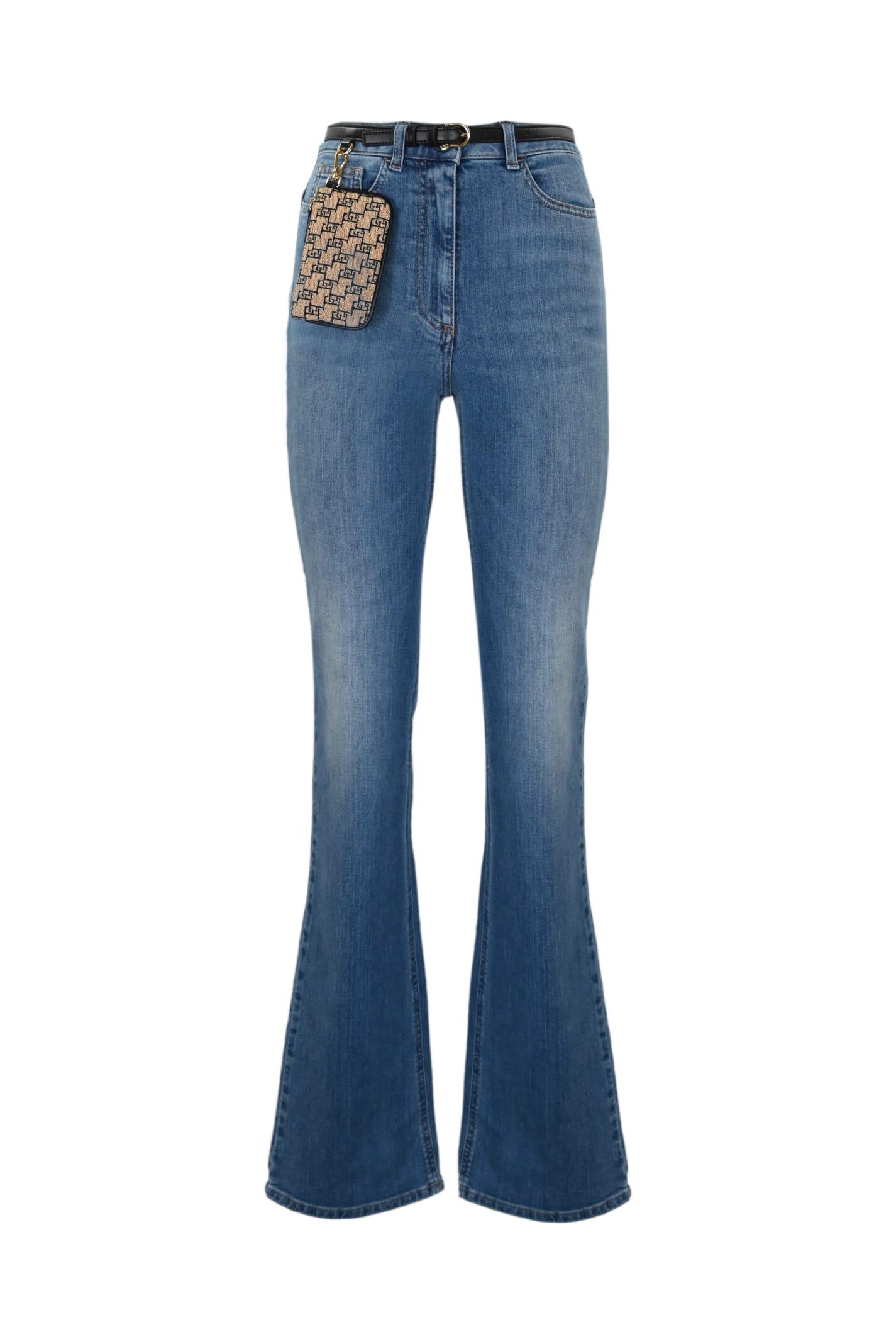 Shop Elisabetta Franchi Flared Jeans With Belt And Clutch Bag In Light Blue