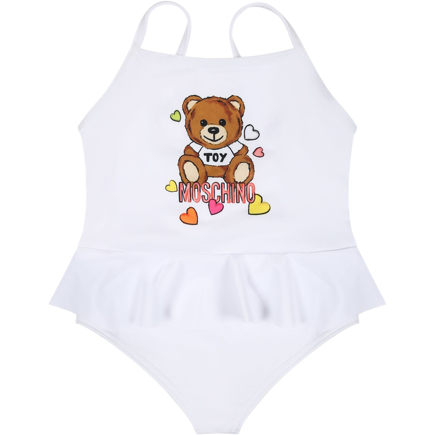 Moschino White Swimsuit For Baby Girl With Teddy Bear And Logo In White