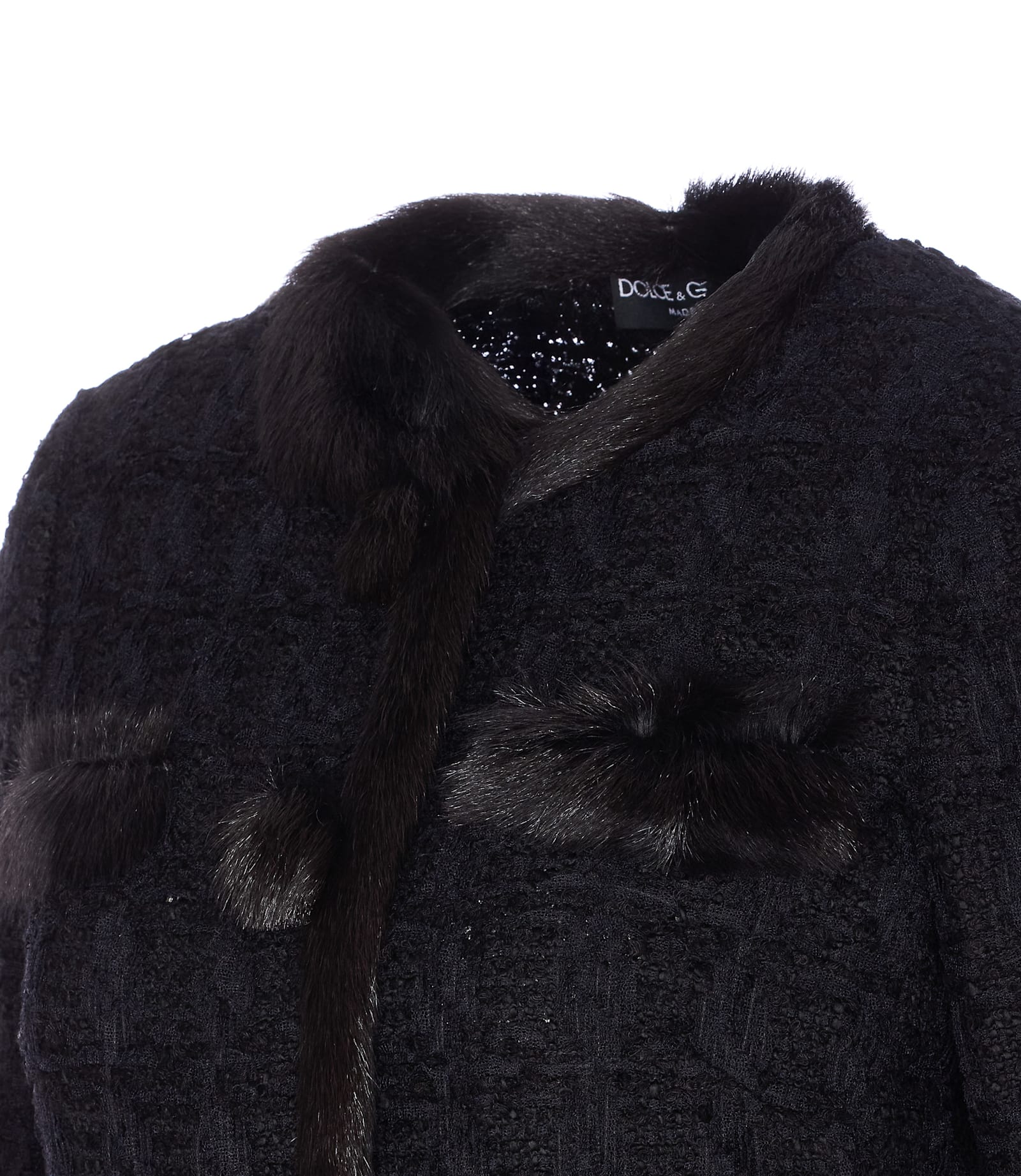 Dolce & Gabbana Textured Jacket With Faux Fur Trim In Black