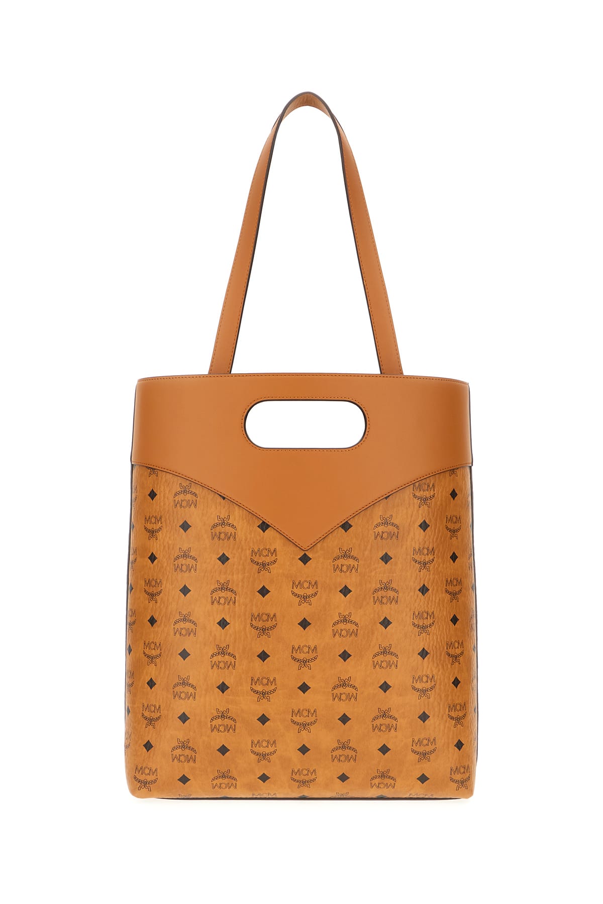 Shop Mcm Printed Synthetic Leather Diamond Shopping Bag In Cognac