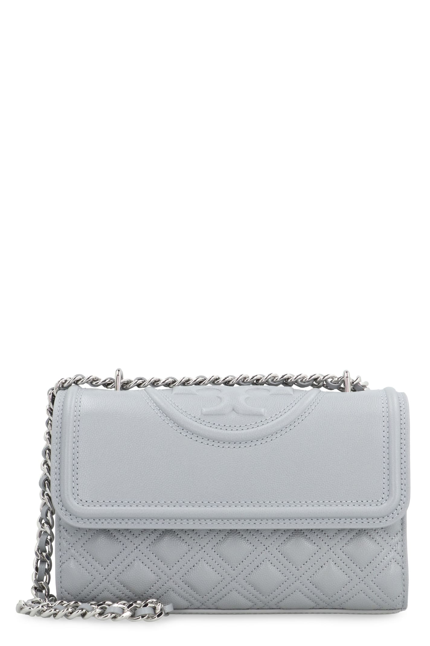 Shop Tory Burch Fleming Quilted Leather Shoulder Bag In Grey