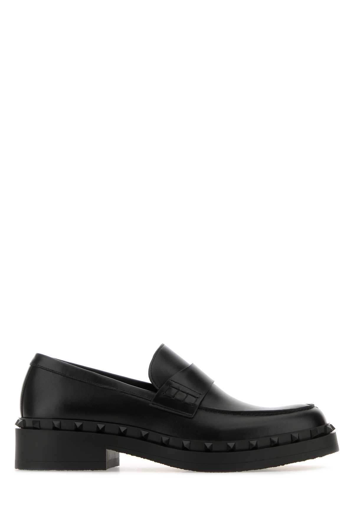 Shop Valentino Black Leather Rockstud Loafers In Nero