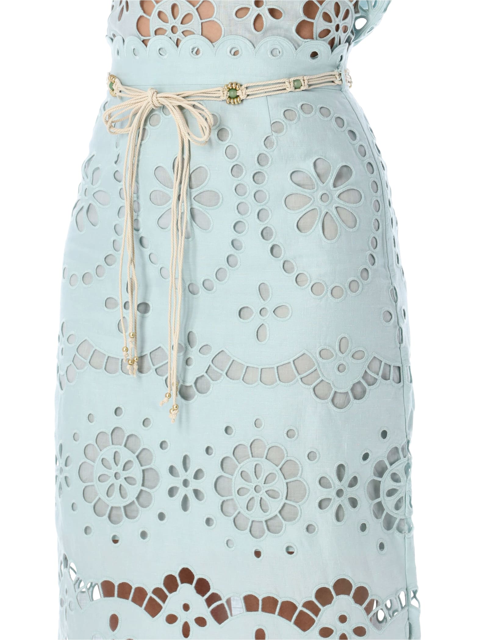 Zimmermann Awaken Light Blue Broderie Anglaise Midi Skirt In Green