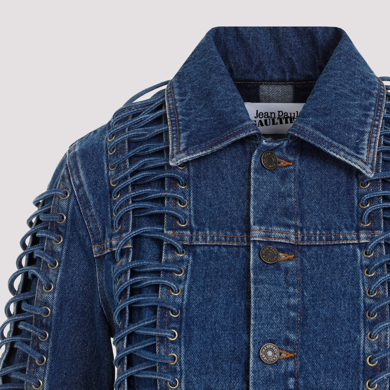 Shop Jean Paul Gaultier Corset Denim Jacket In Vintage Blue