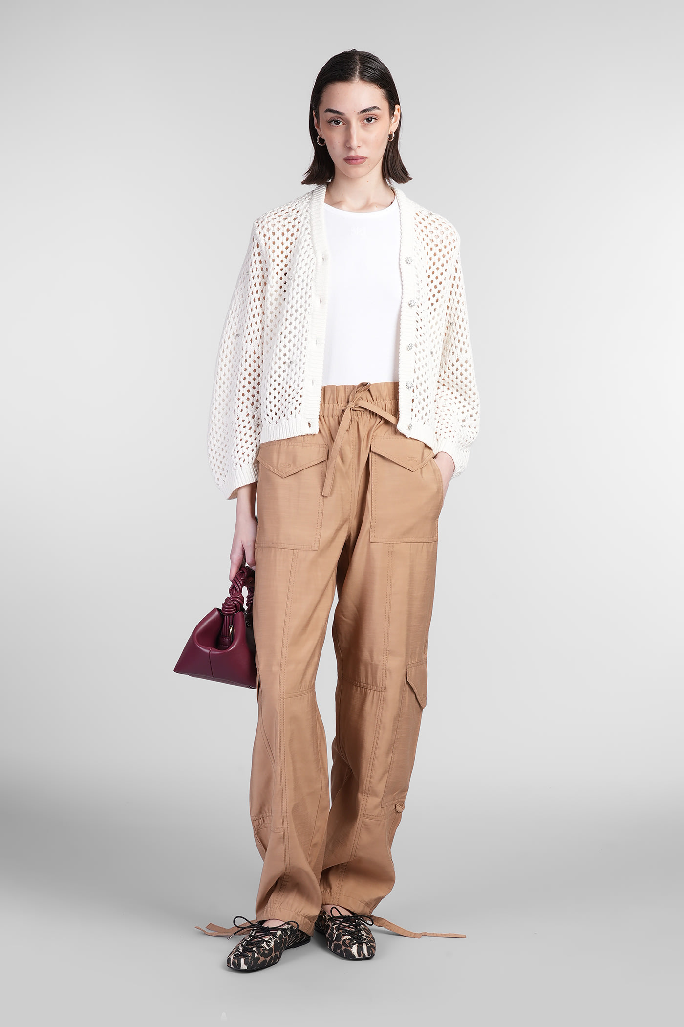 Ganni Open-knit Cardigan In Beige