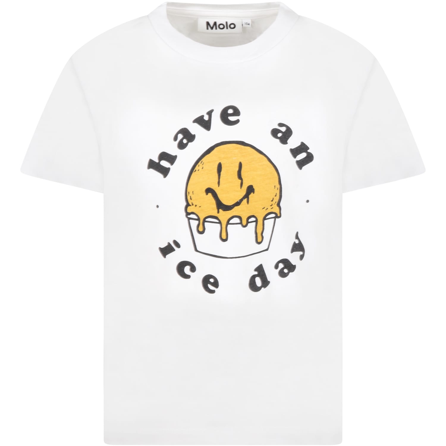 Molo White T-shirt For Kids With Smiley Face And Black Writing