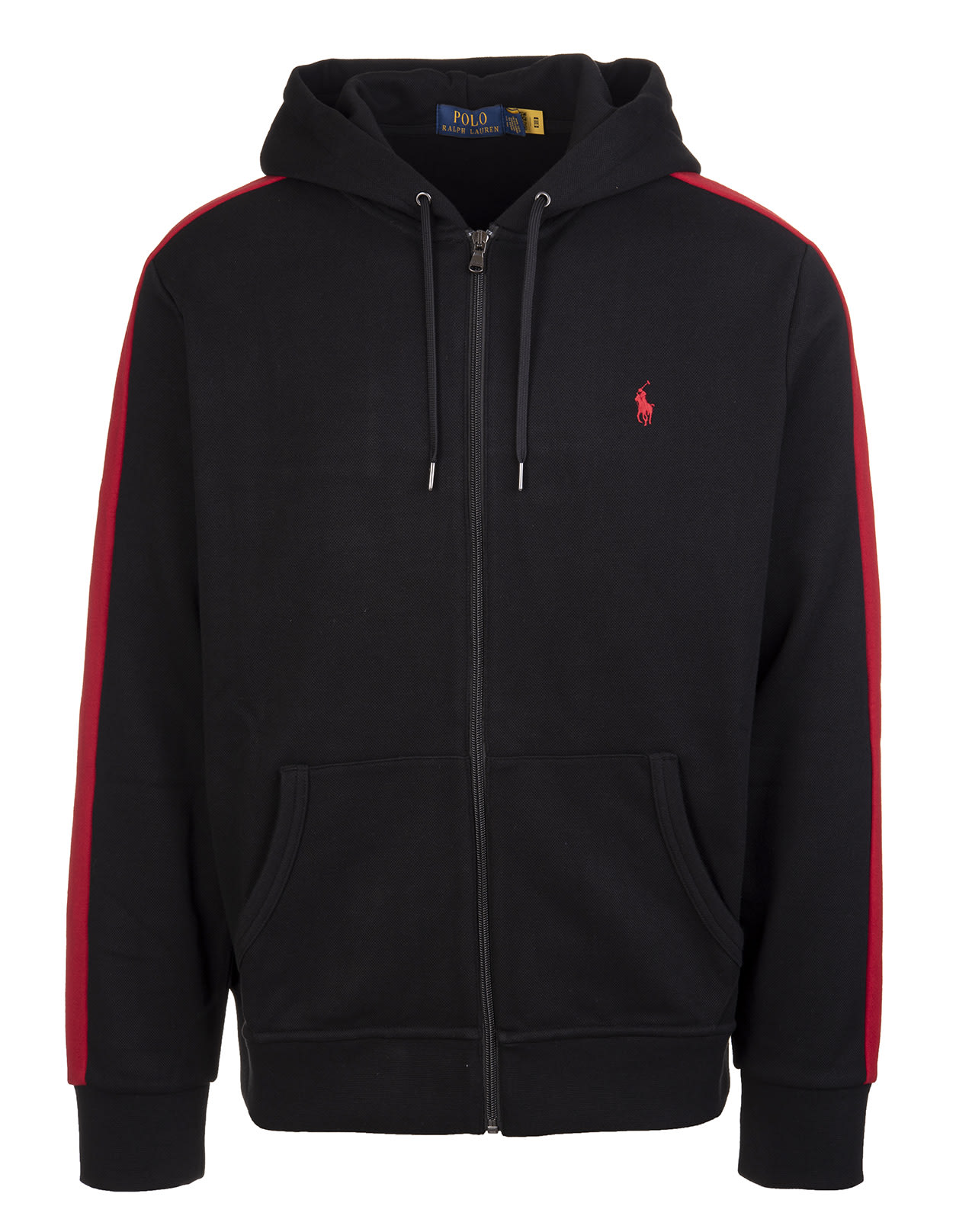Ralph Lauren Man Black Hoodie With Red Stripes And Back Print