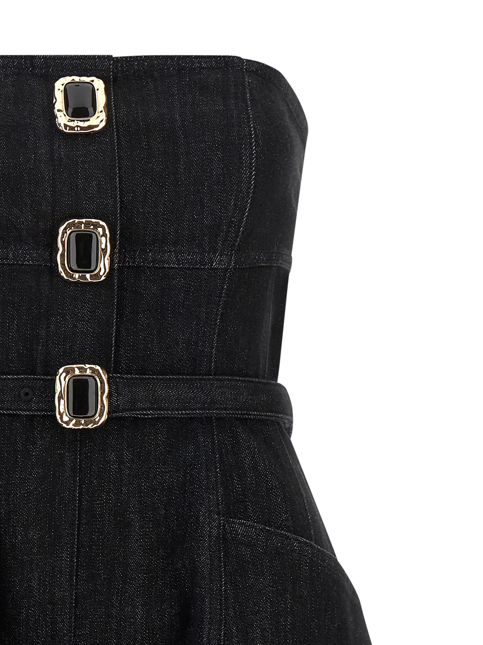 Self-portrait Strapless Black Cotton Denim Mini Dress With Jewel Button Detail In Black