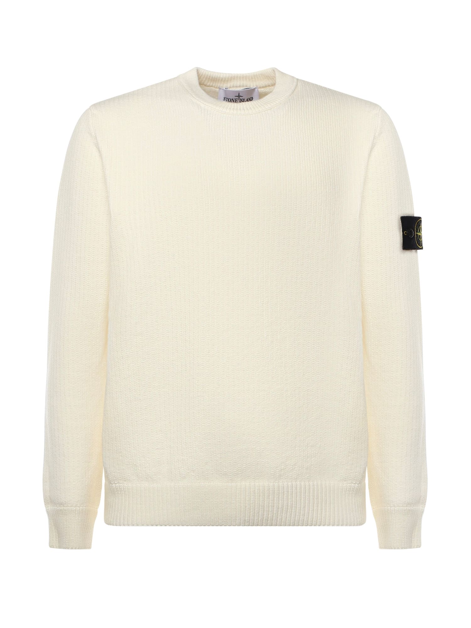 Stone Island Ivory Ribbed Knit Sweater With Crew Neckline In White