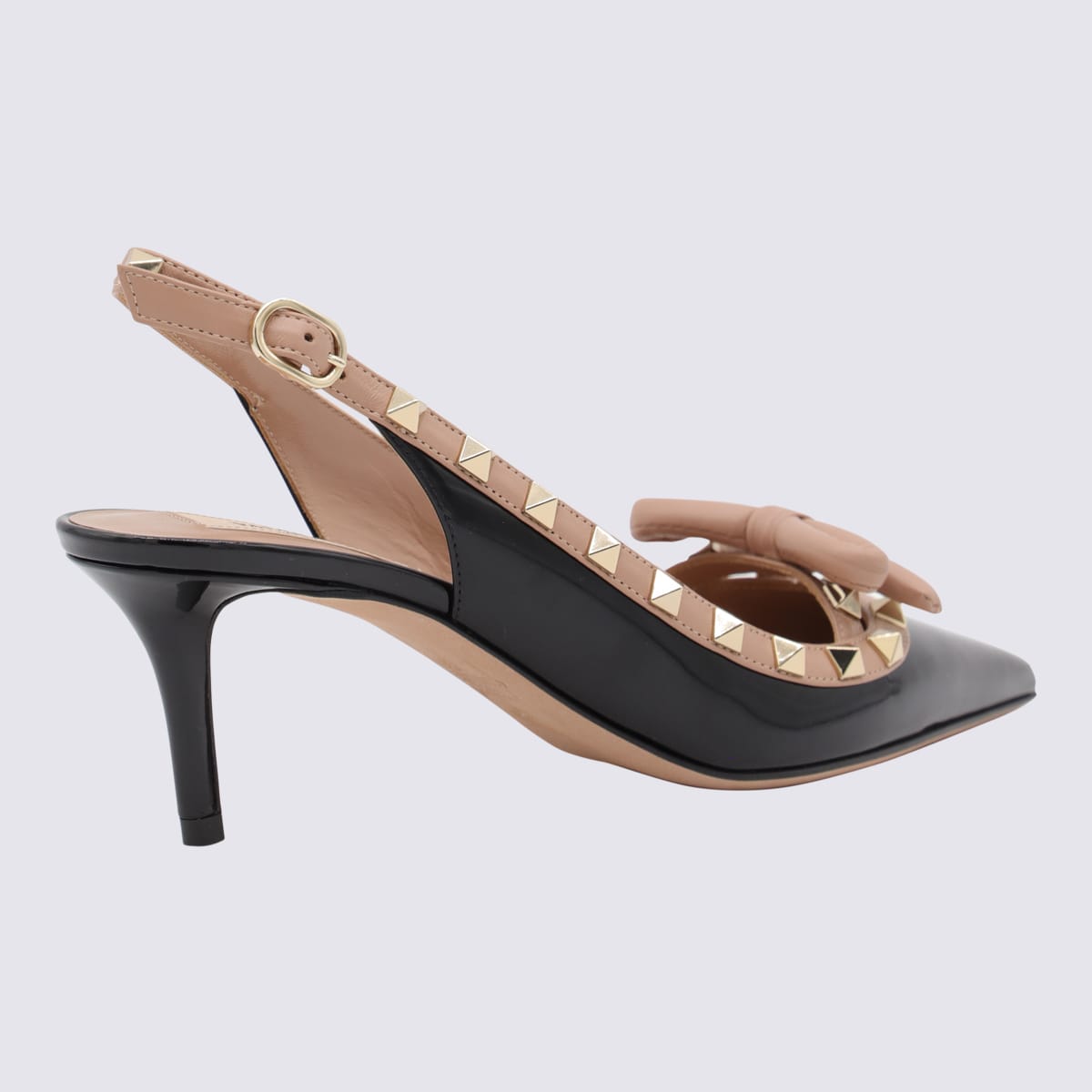 Shop Valentino Black And Rose Cannelle Leather Rockstud Slingback Pumps In Nero/rose Cannelle