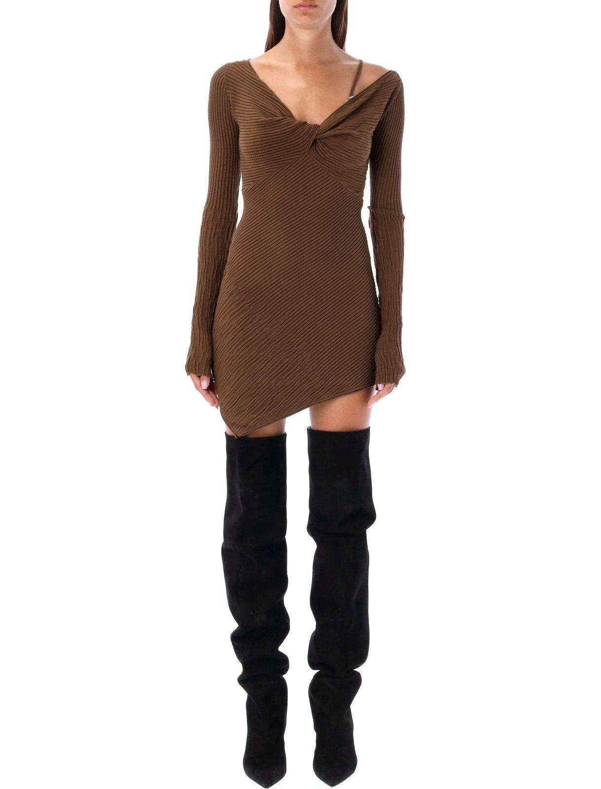 Shop Attico Desai Asymmetric Single Shoulder Strapped Mini Dress In Brown