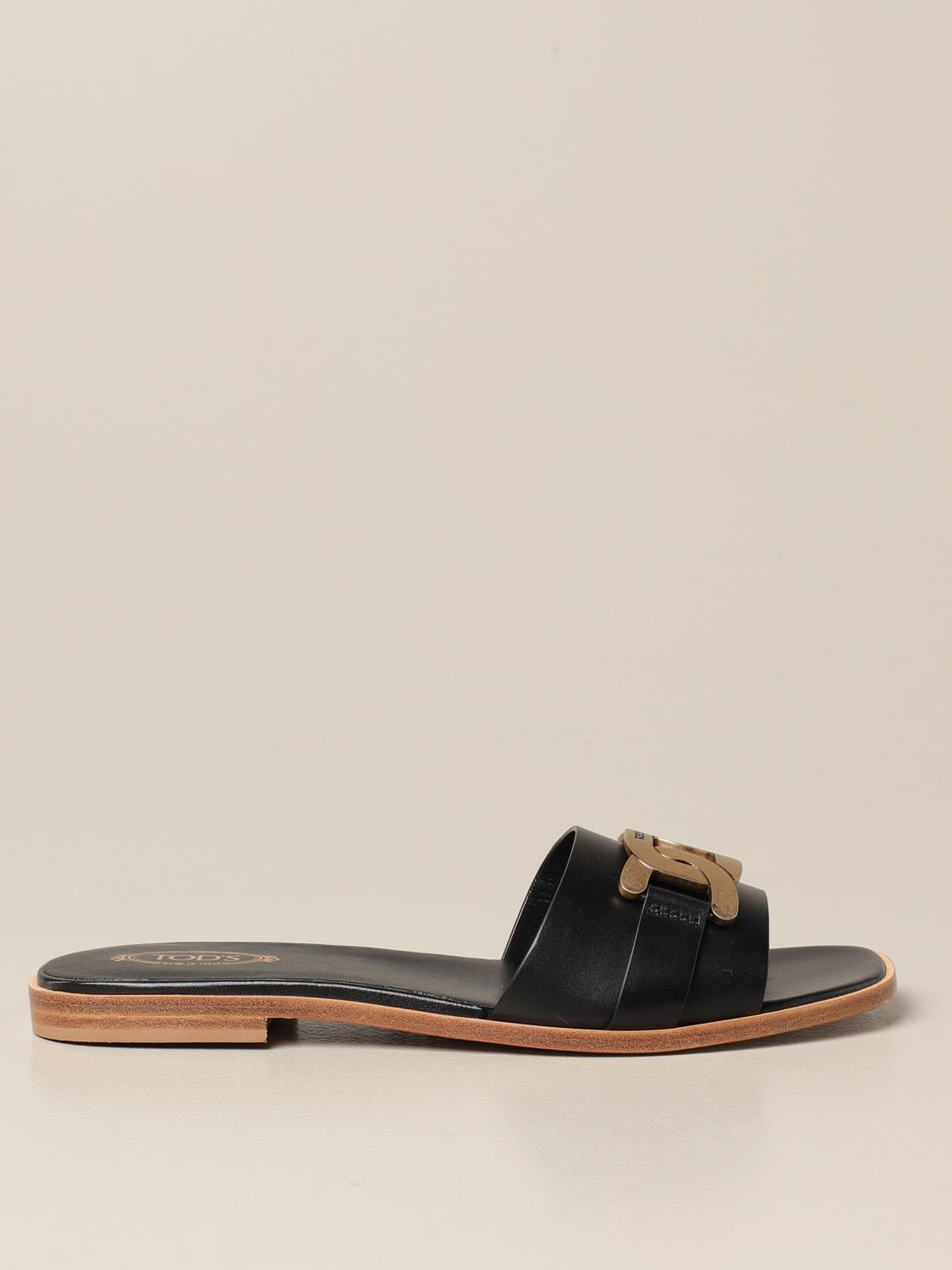 Tods Flat Sandals Tods Slides In Leather With Chain Detail