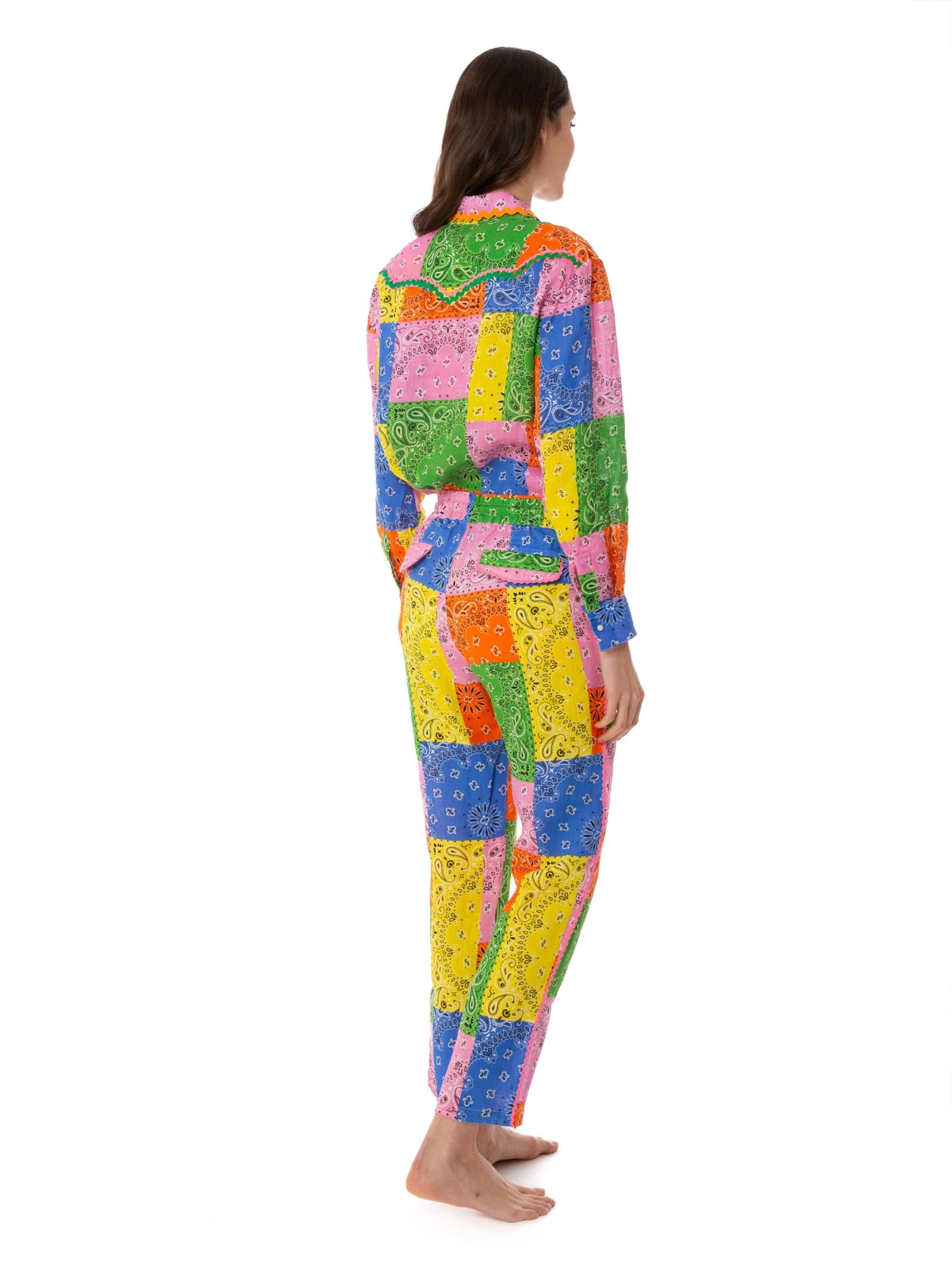 Mc2 Saint Barth Woman Linen Pants With Multicolor Bandanna Print In Multicolor