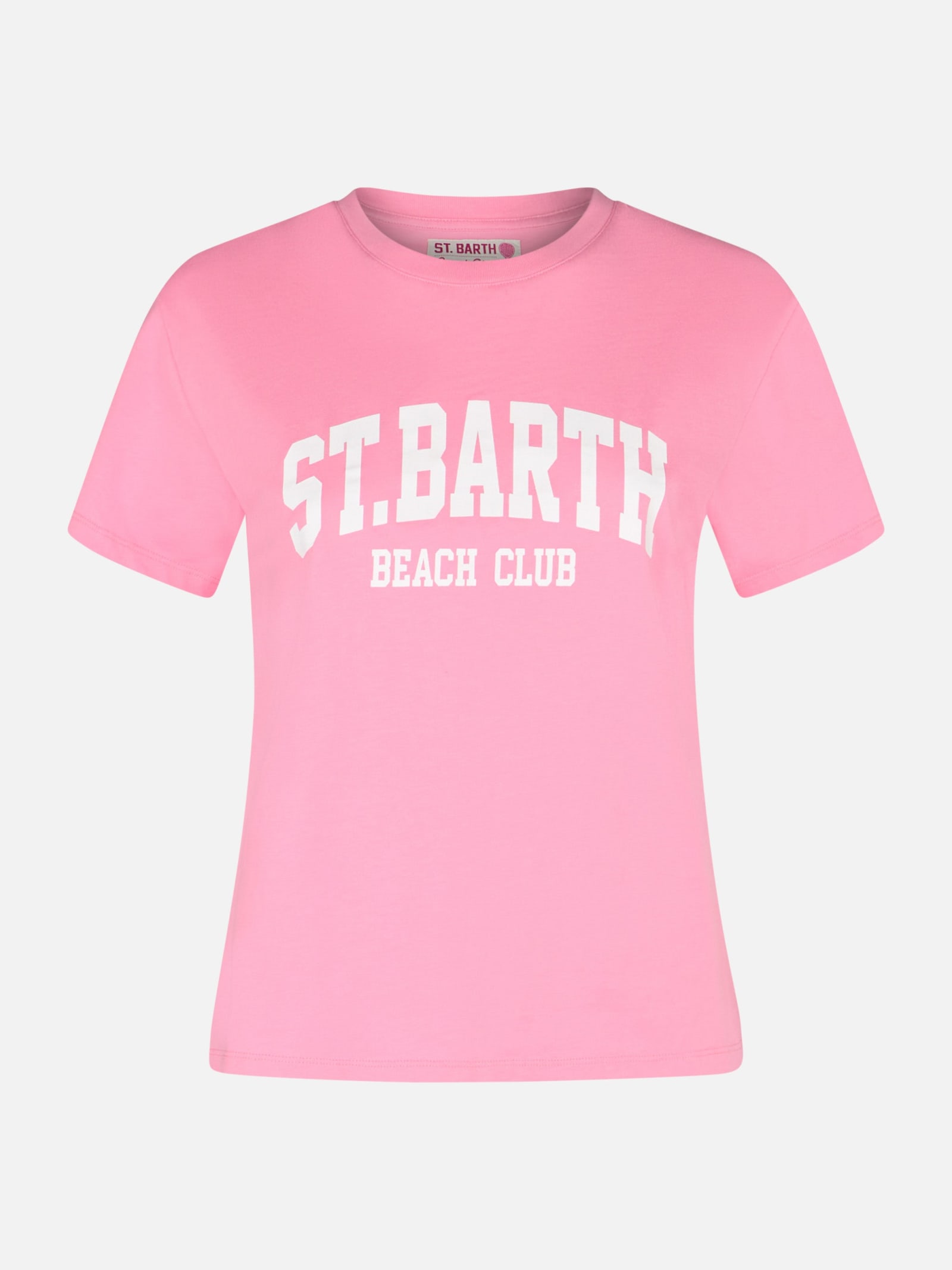 Mc2 Saint Barth Woman Cotton Jersey Crewneck T-shirt Emilie With Saint Barth Beach Club Print In Pink