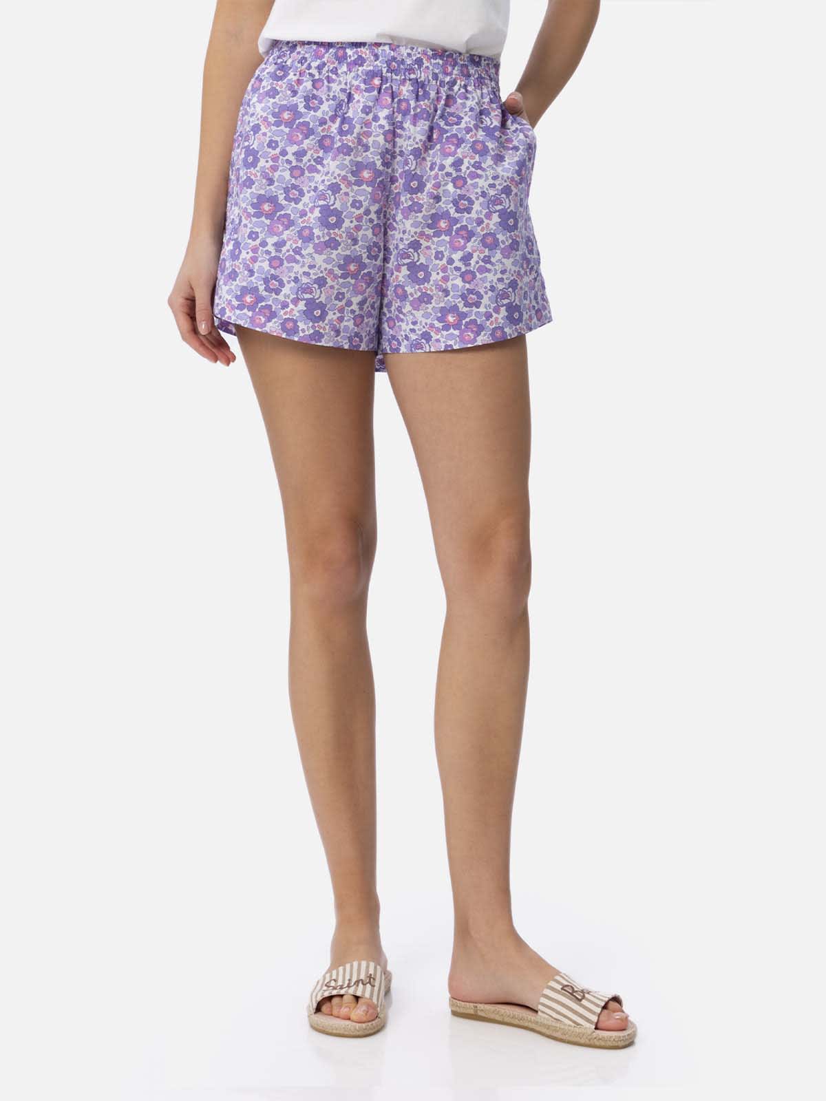 Shop Mc2 Saint Barth Woman Cotton Betsy Pull Up Shorts Meave Made With Liberty Fabric In Lilac