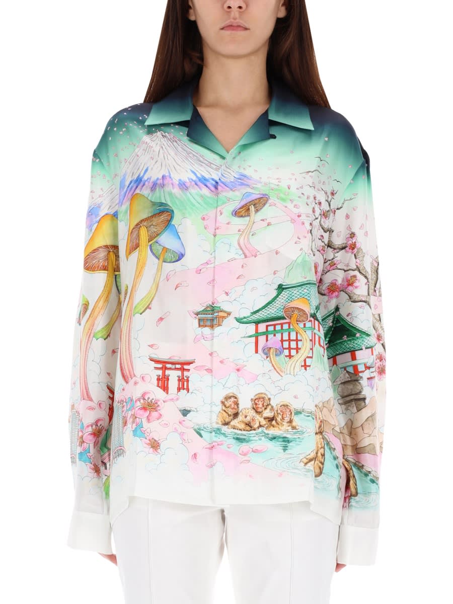 Casablanca Japanese Landscape Print Silk Shirt With Classic Collar And Buttoned Cuffs In Green