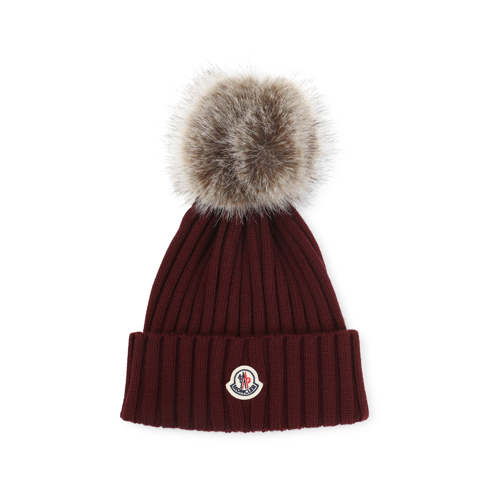 Moncler Ribbed Knit Hat With Fluffy Pom-pom In Red