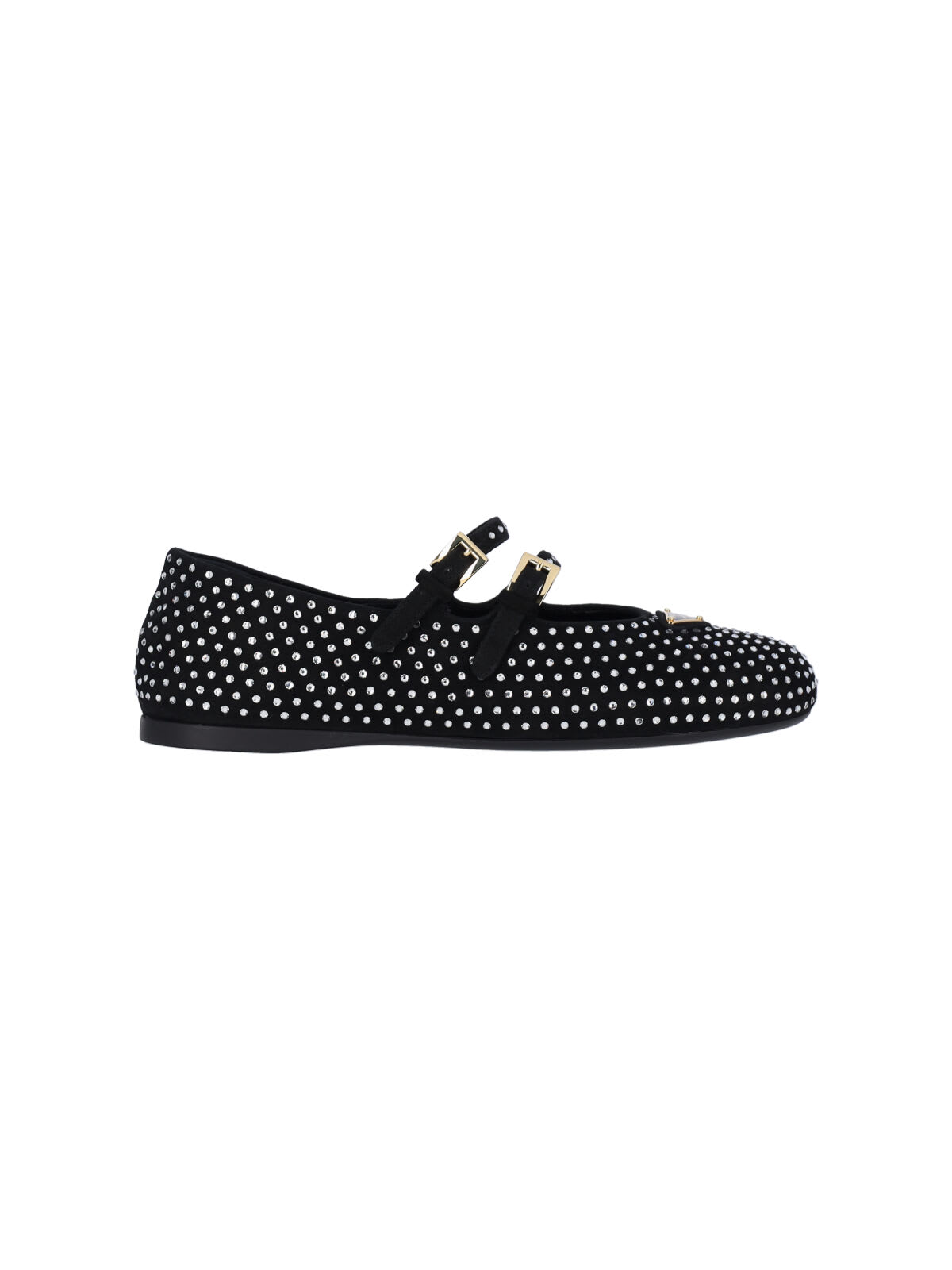 Prada Triangle Logo Studded Velvet Ballet Flats In Black