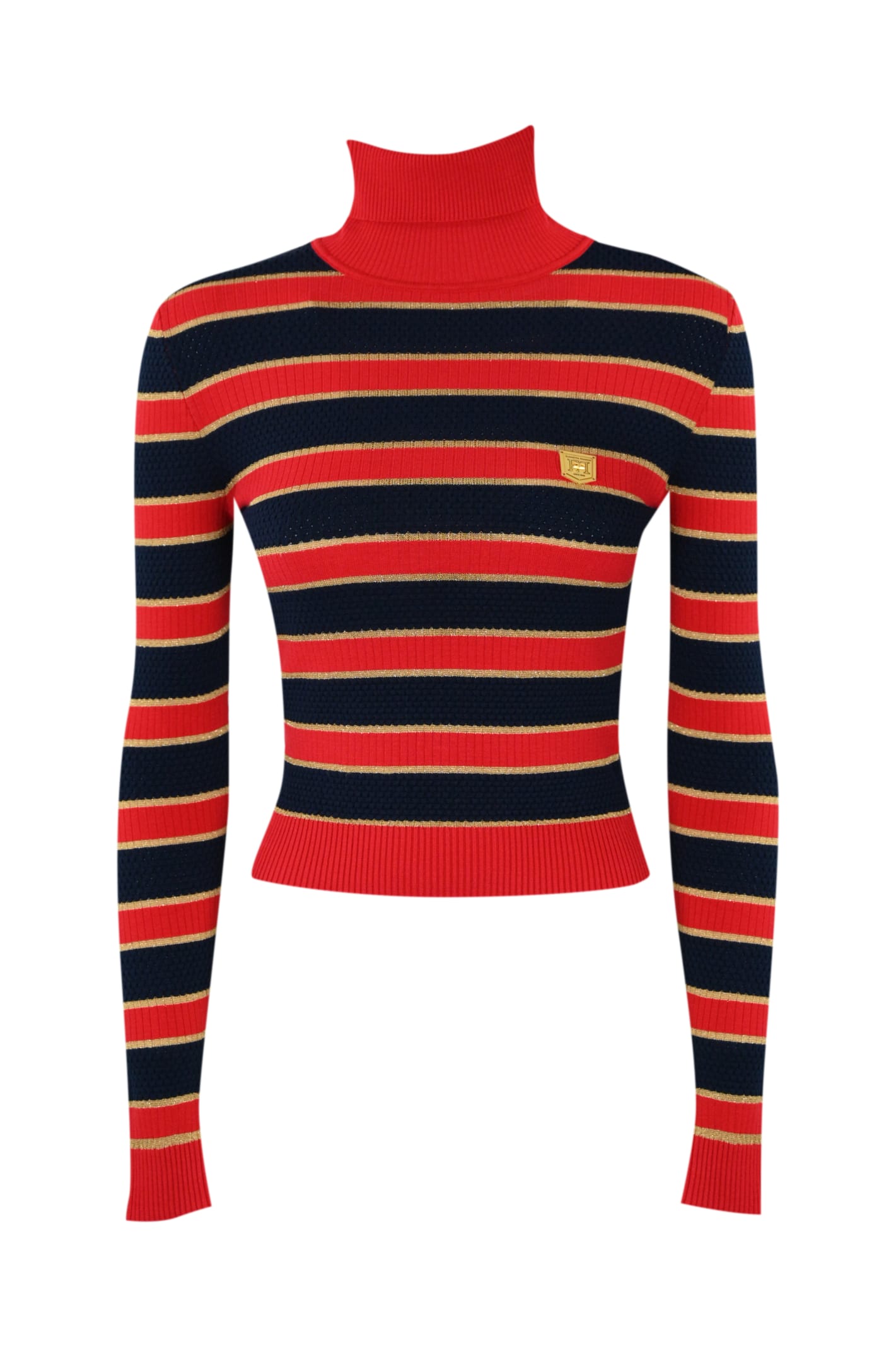 Shop Elisabetta Franchi Striped Viscose Lurex Blend Sweater In Red Passion/blue Navy