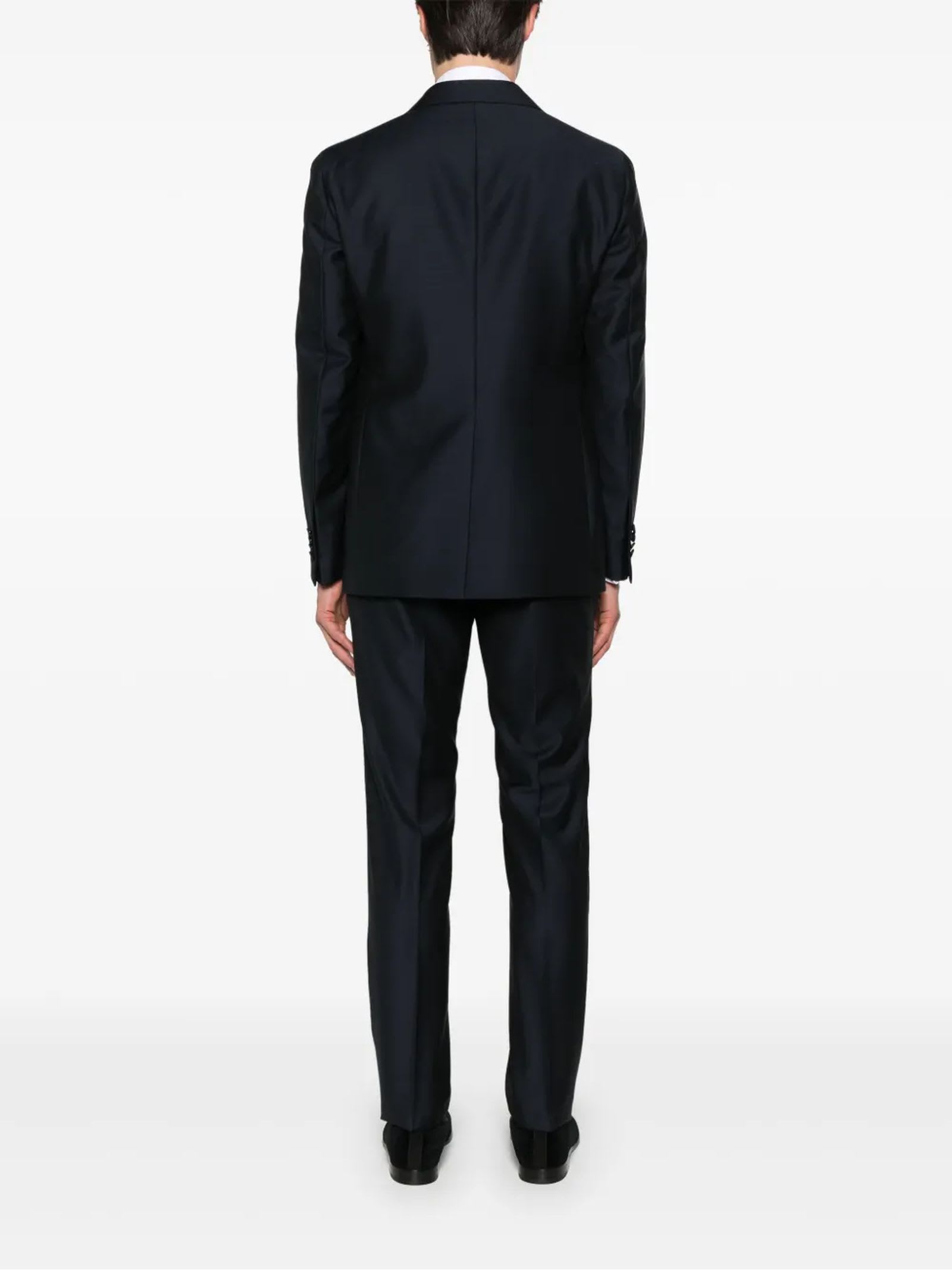 Tagliatore Blue Tailored Suit With Satin Lapel And Shoulders In Blue
