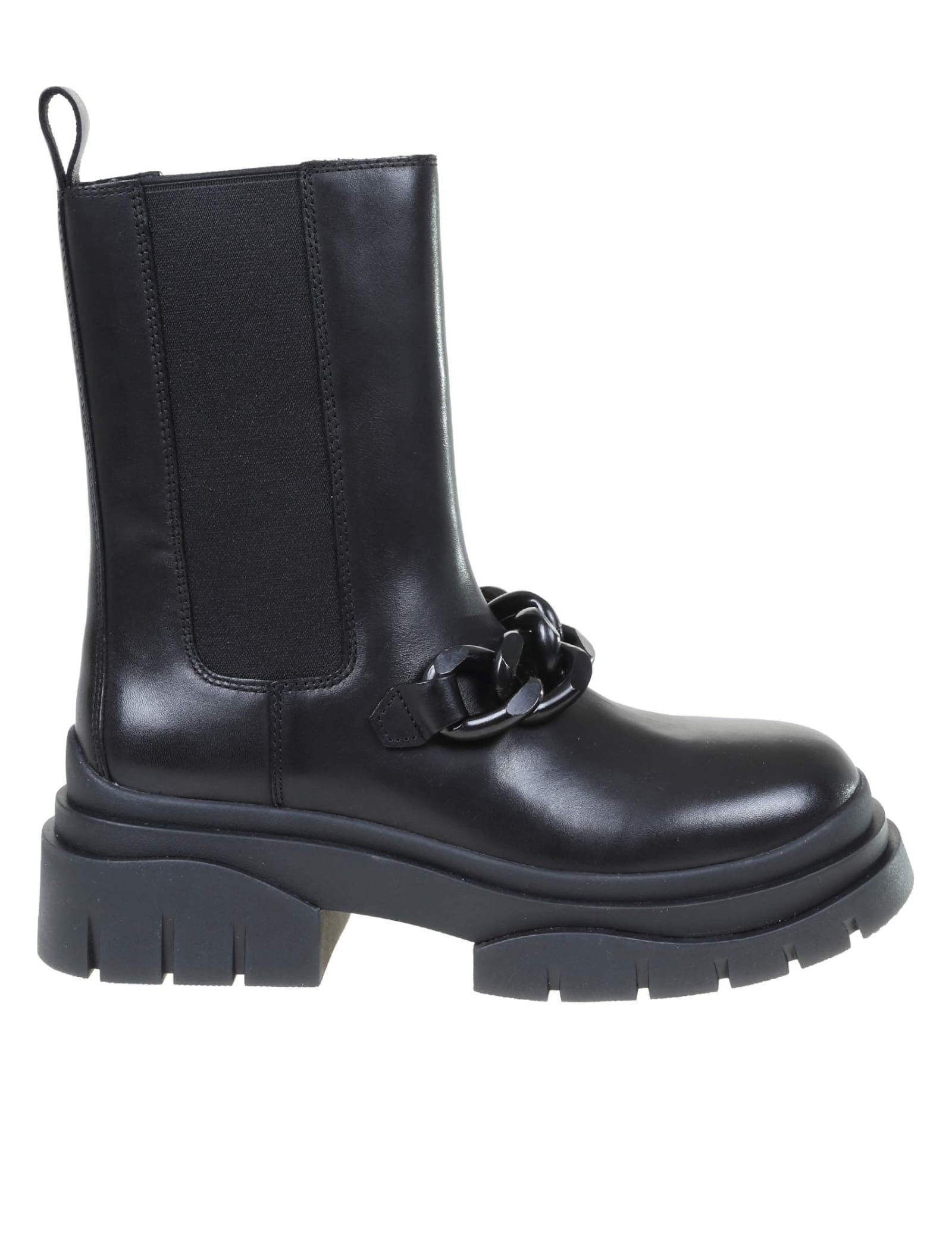 Ash Storm Chain Ankle Boot In Black Leather