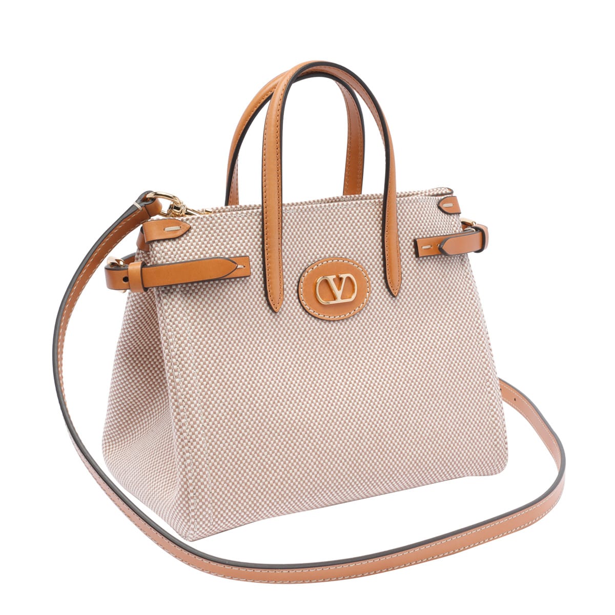 Valentino Antibes Canvas Handbag Structured Shape Buckle In Beige
