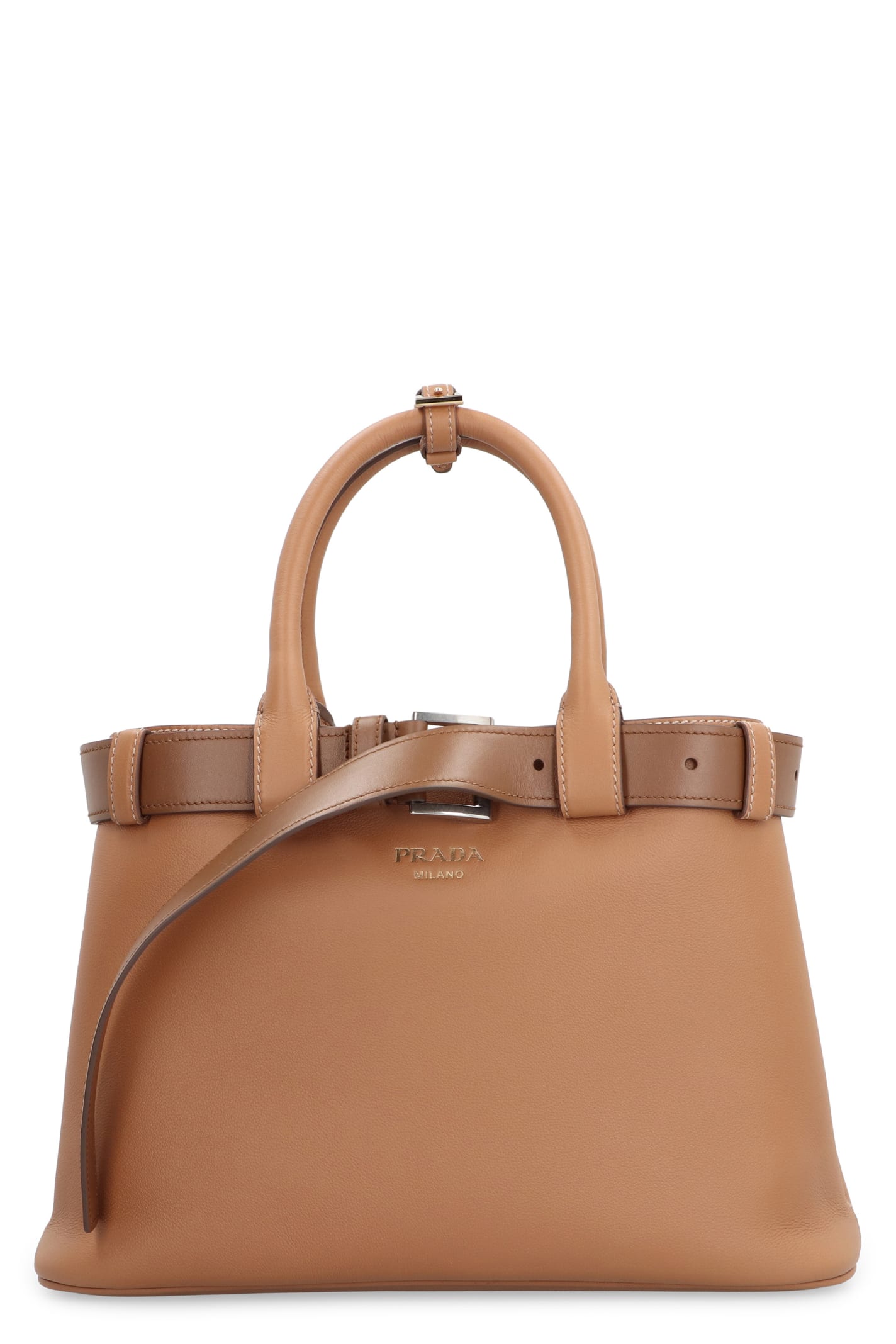 Prada Buckle Leather Bag In Saddle Brown
