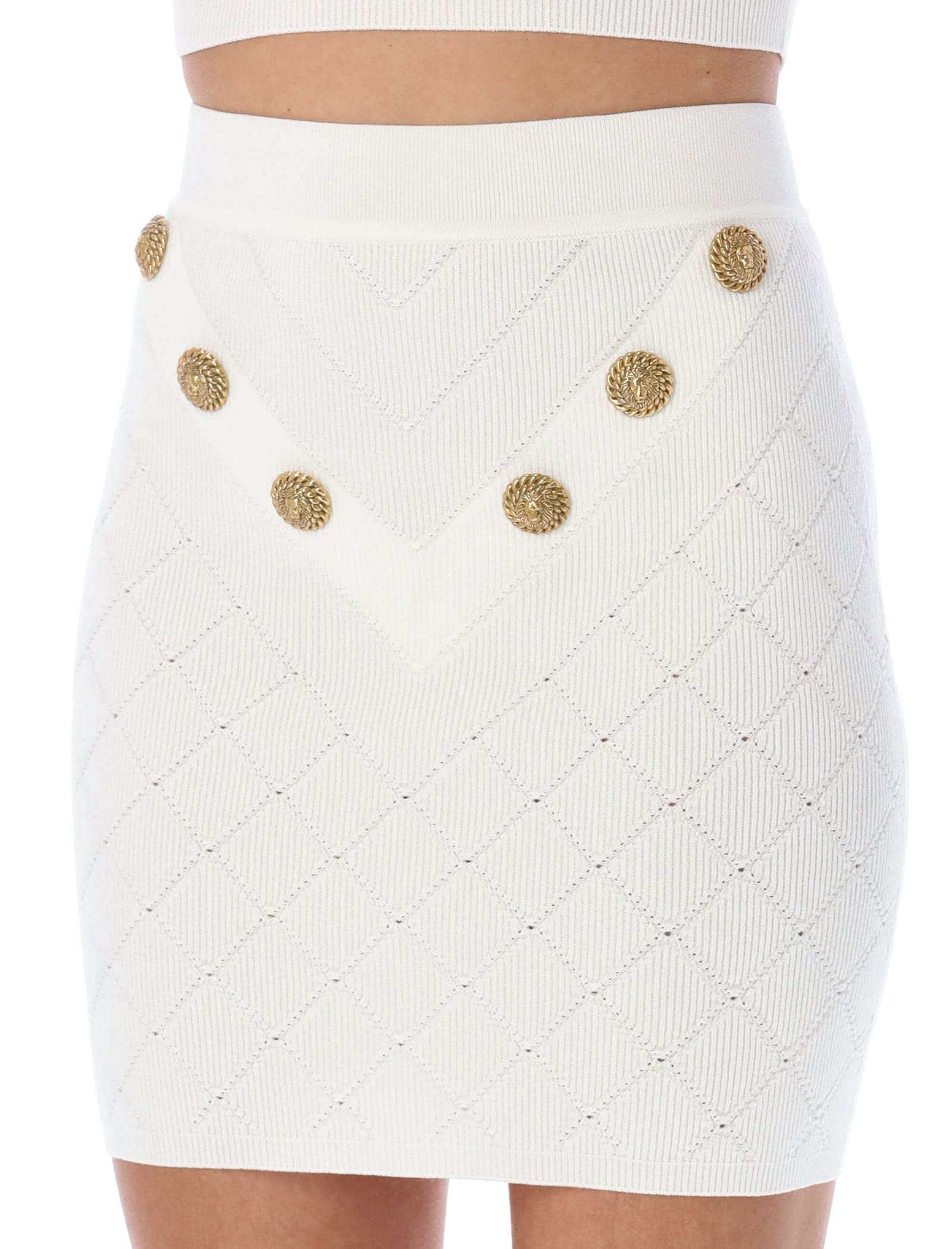 Shop Balmain 6-button Knit Skirt In White
